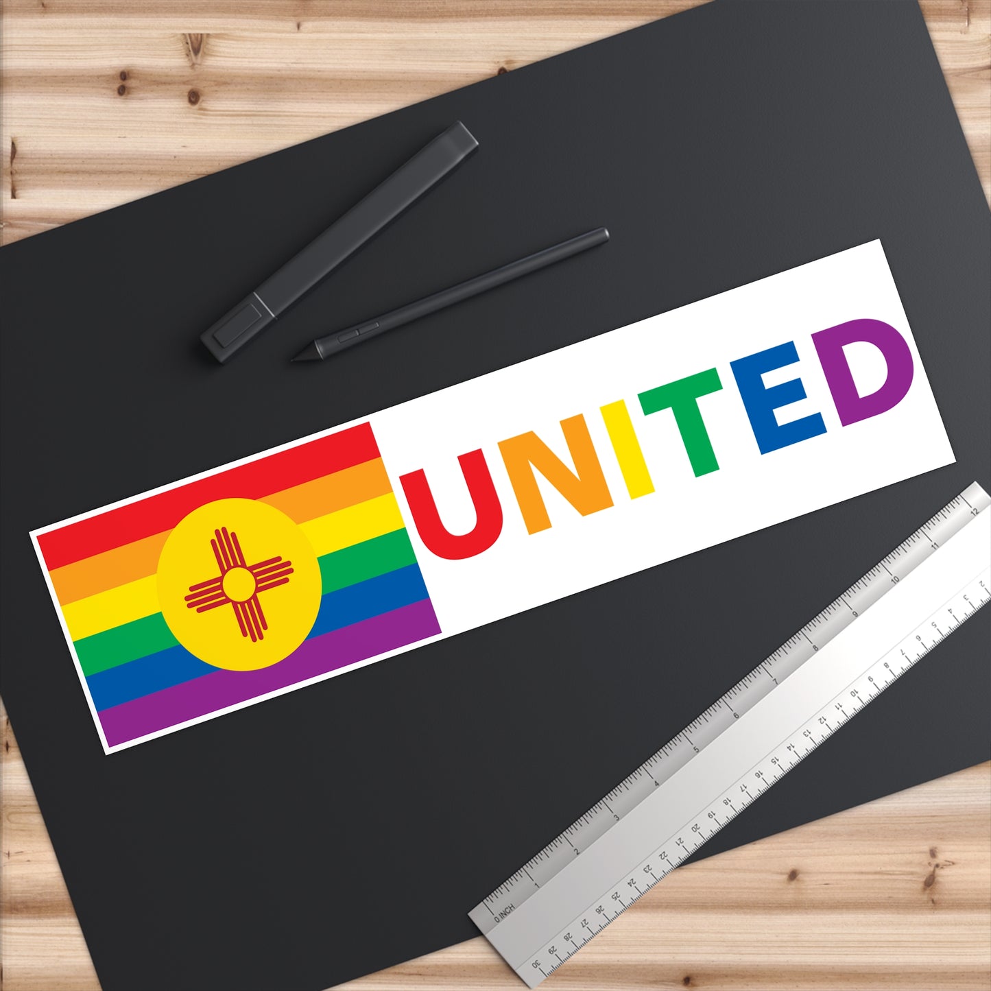 New Mexico Rainbow Pride Flag "UNITED" Bumper Sticker