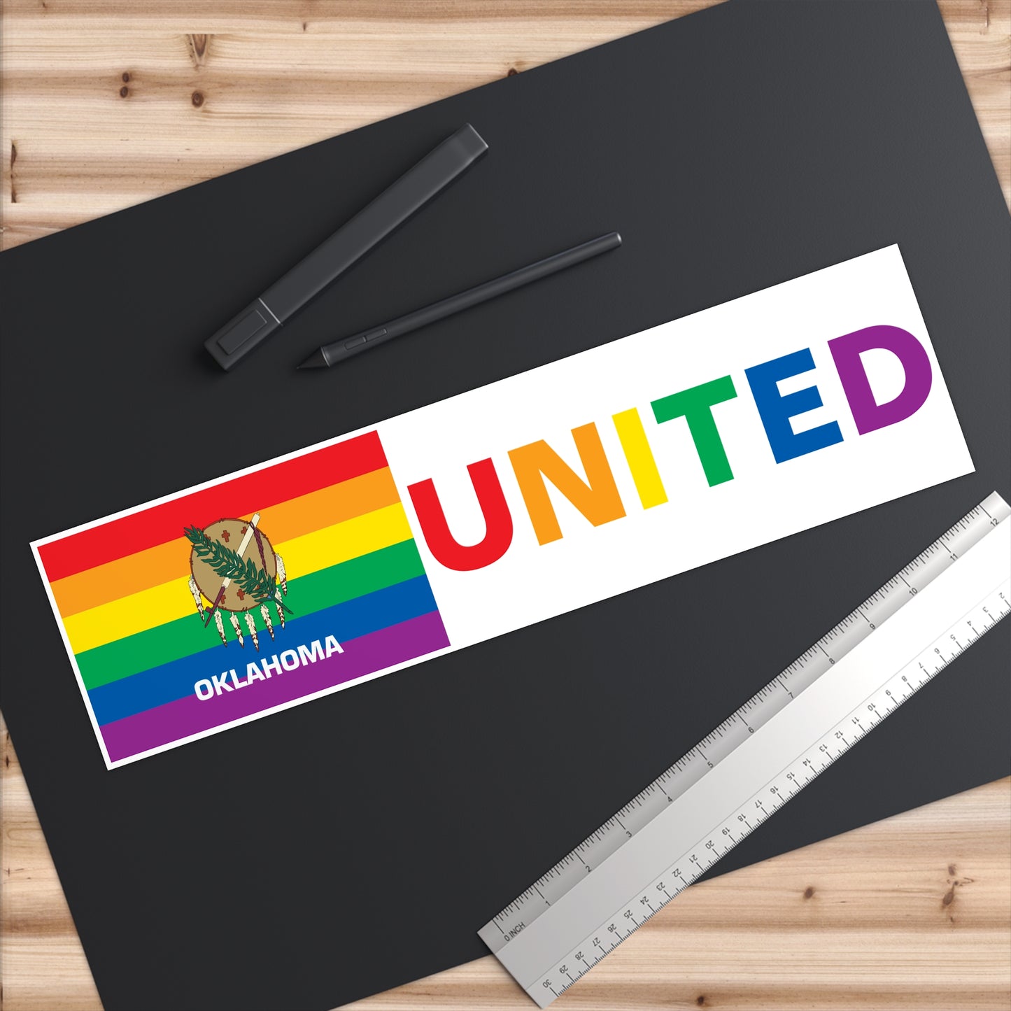 Oklahoma Rainbow Pride Flag "UNITED" Bumper Sticker