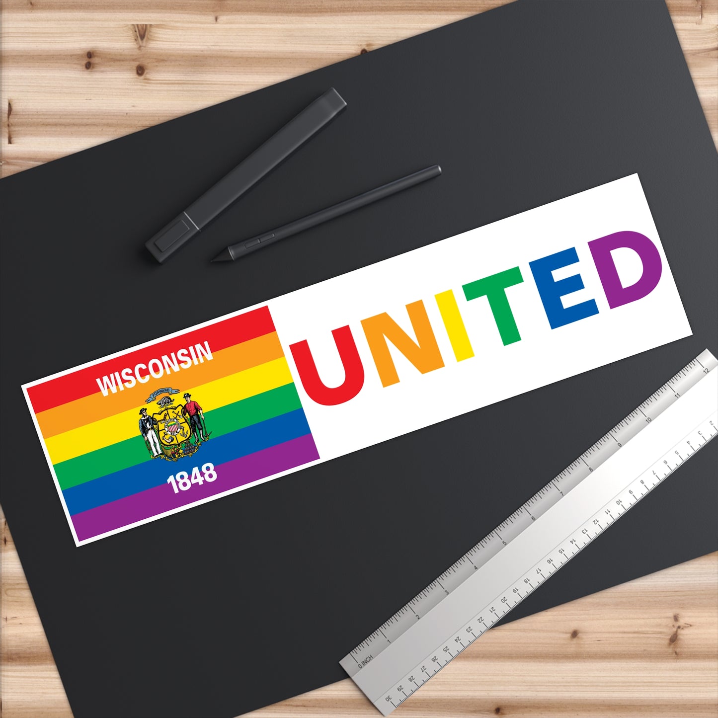 Wisconsin Rainbow Pride Flag "UNITED" Bumper Sticker