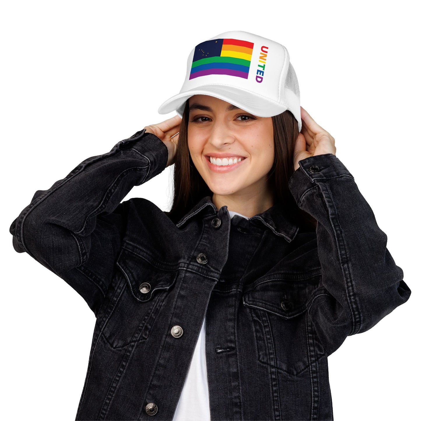 Alaska Rainbow Pride Flag "UNITED" Printed Foam Trucker Hat, Several Color Options