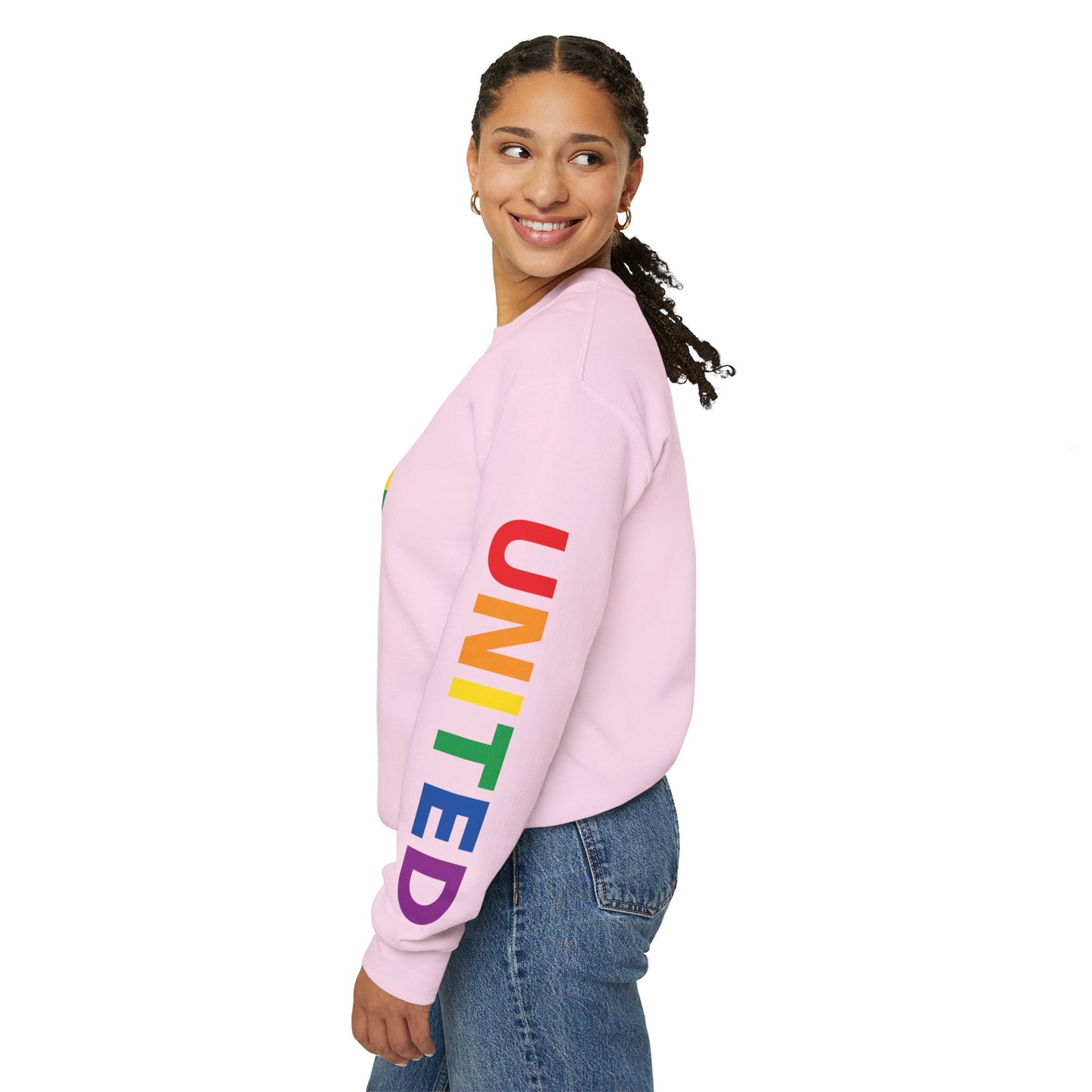 Alabama Rainbow Pride Flag, "UNITED" Rainbow Printed Sleeve Design, Unisex Crewneck Sweatshirt