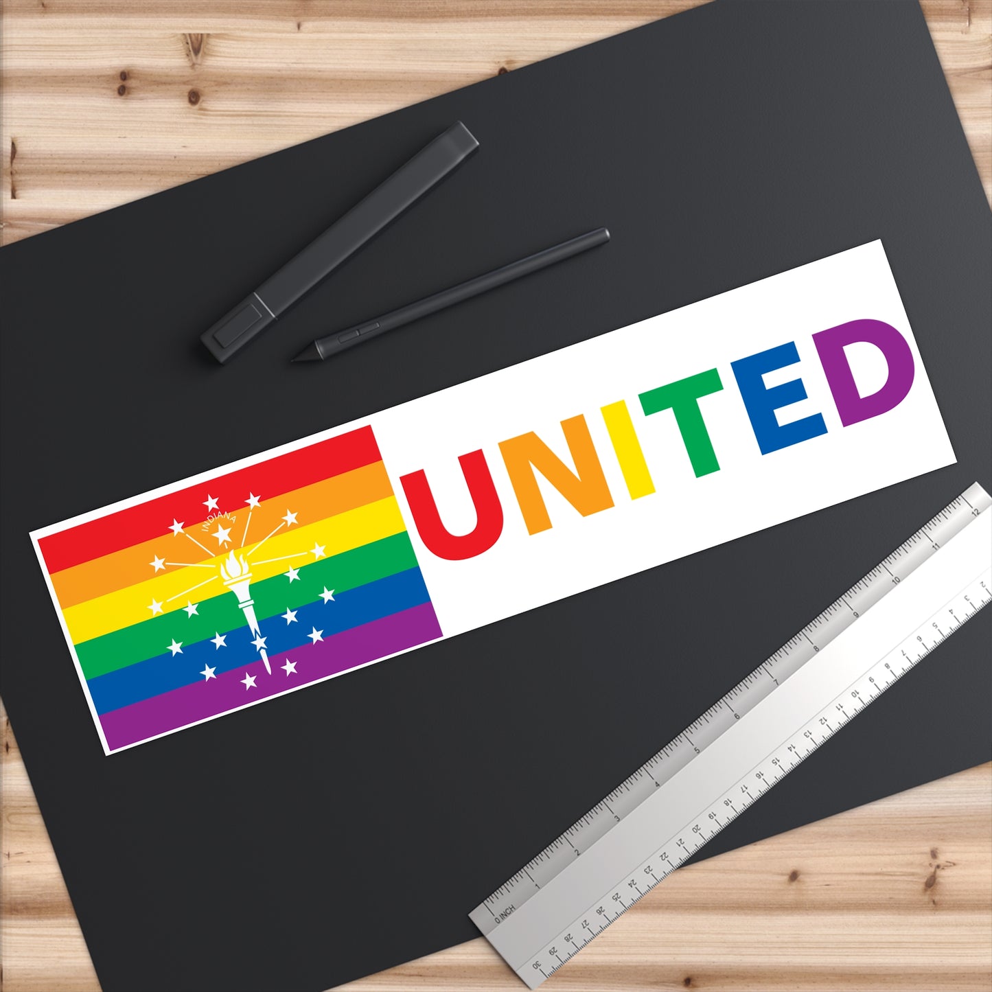 Indiana Rainbow Pride Flag "UNITED" Bumper Sticker