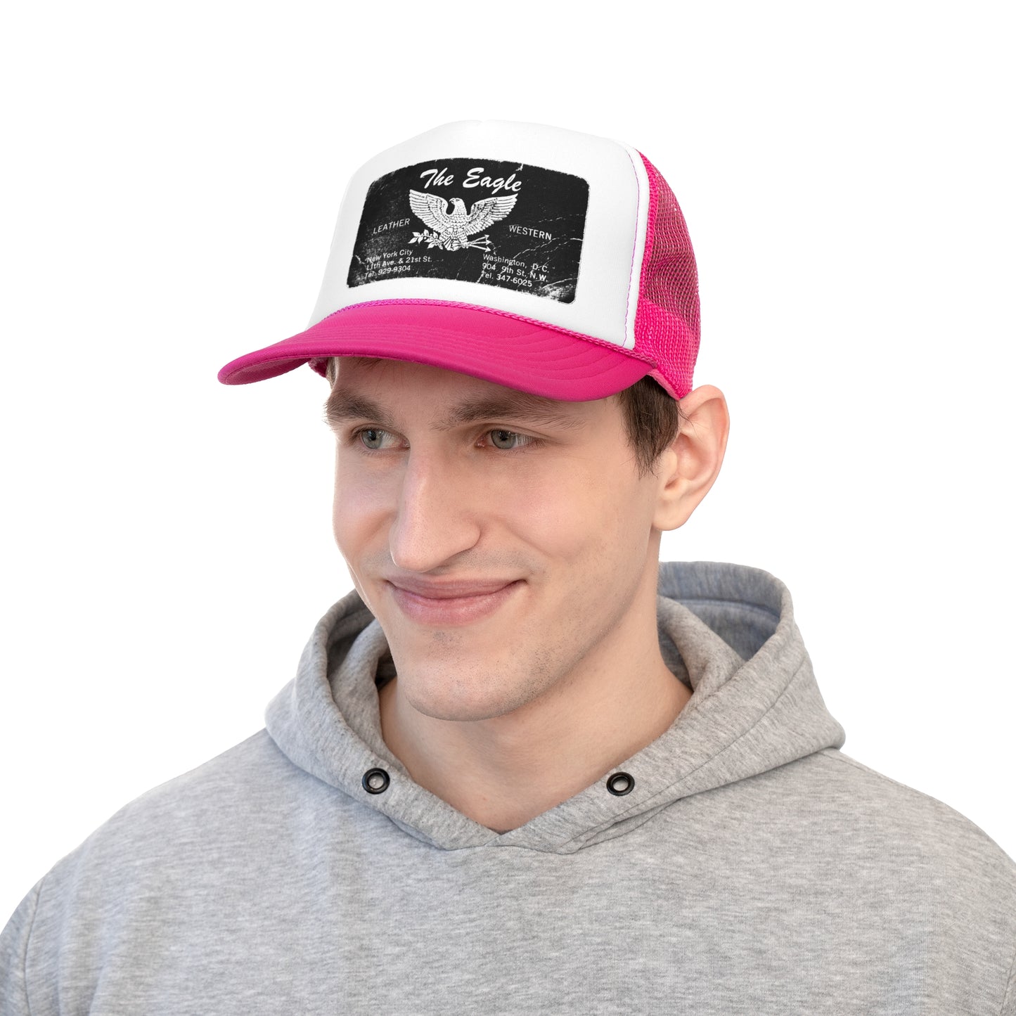 Leather Bar Trucker Caps - The Eagle's Nest LGBTQIA+ Pride History, Black or Pink with Black Deco