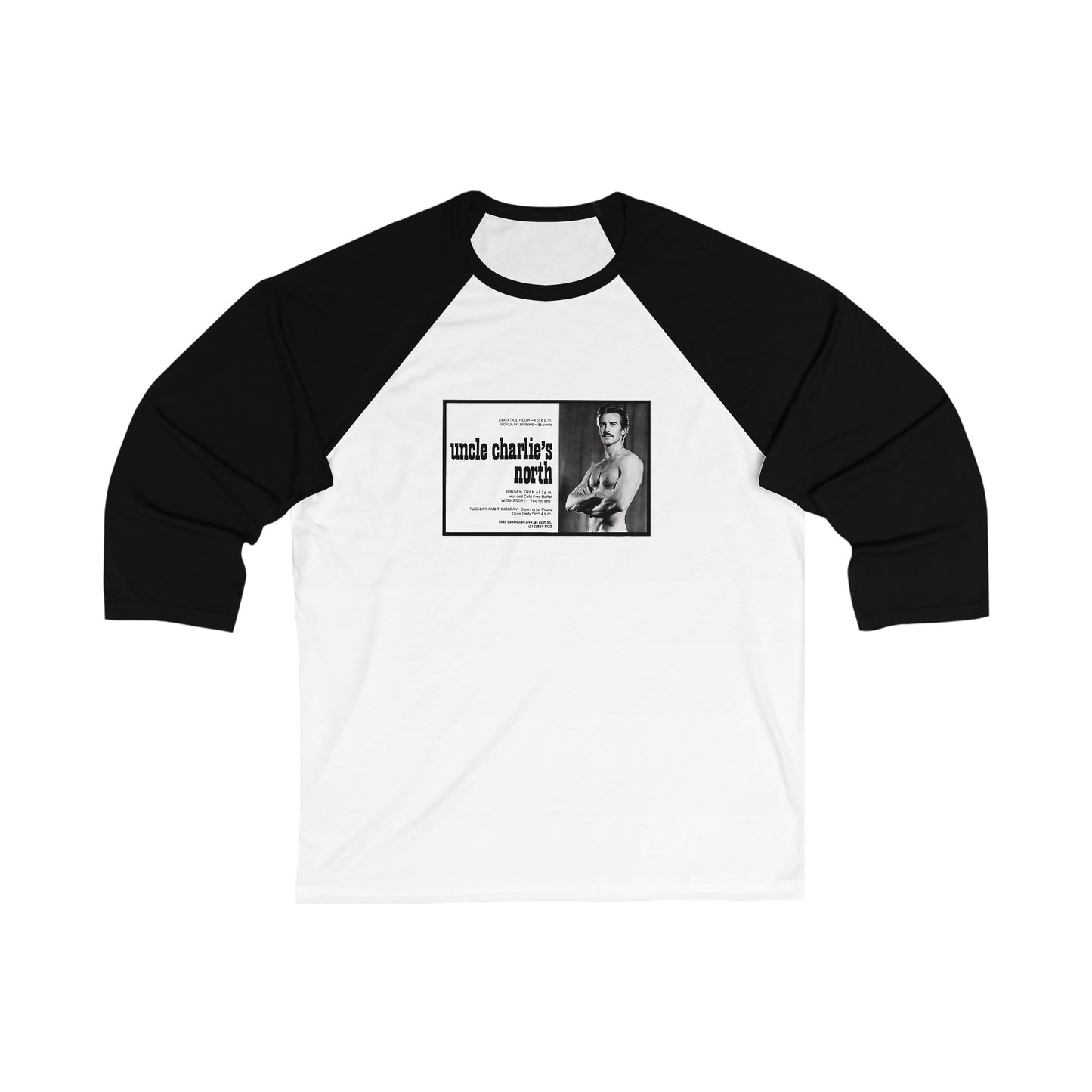 Uncle Charlie's North - Historic LGBTQIA+ NYC piano bar - Baseball Tee, White with Black Sleeve