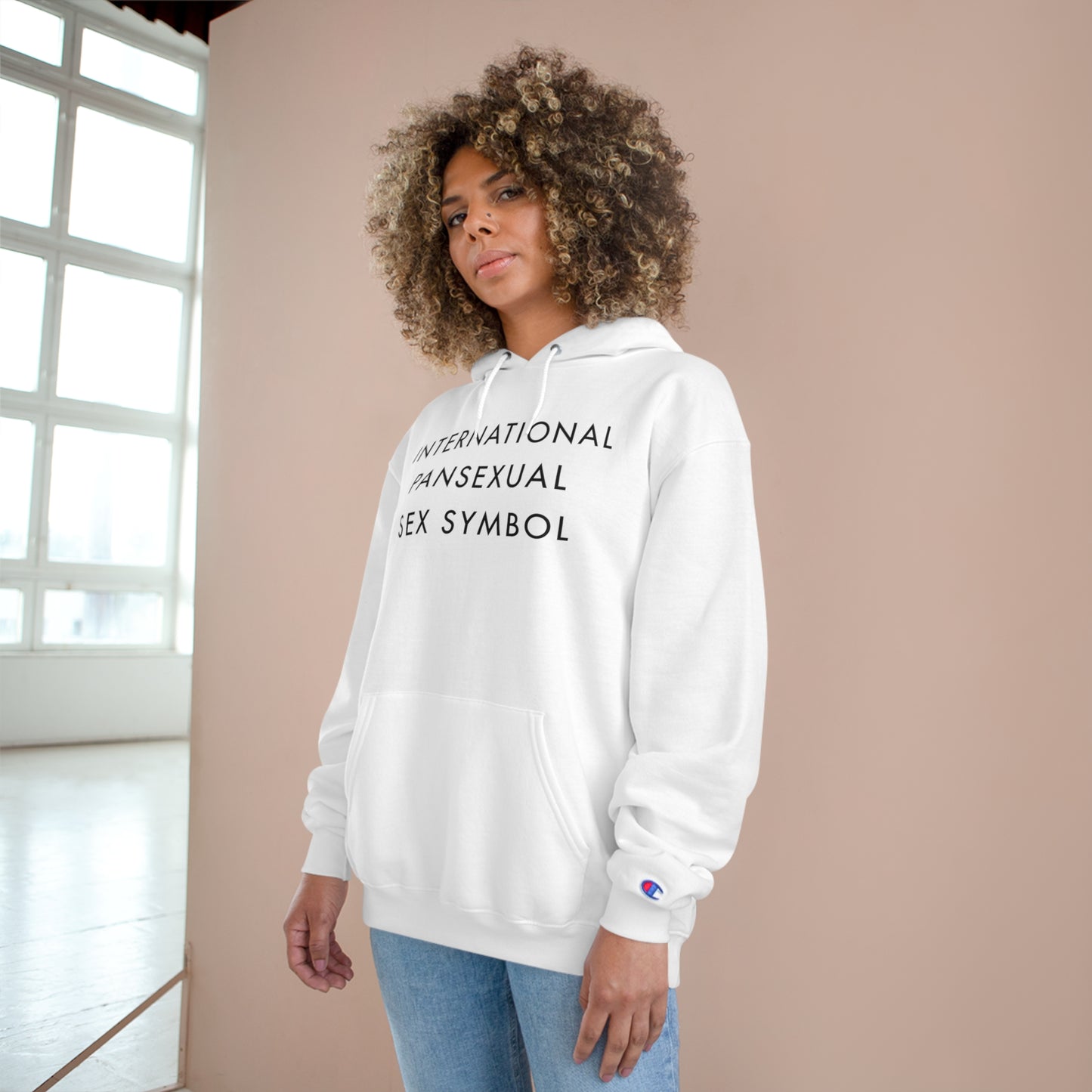 International Pansexual Sex Symbol Champion Hoodie - White and Light Steel with Black Deco