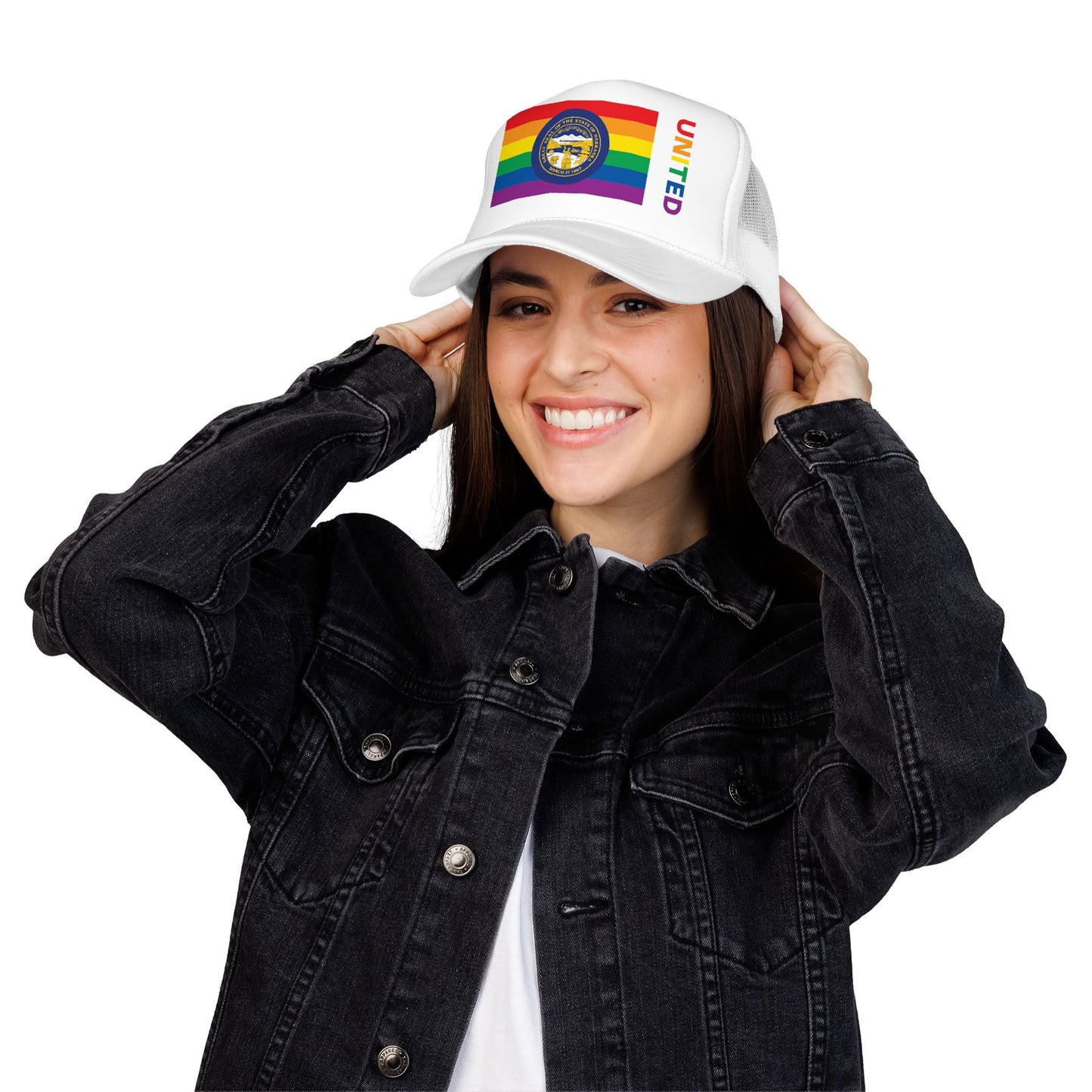 Nebraska Rainbow Pride Flag "UNITED" Printed Foam Trucker Hat, Several Color Options