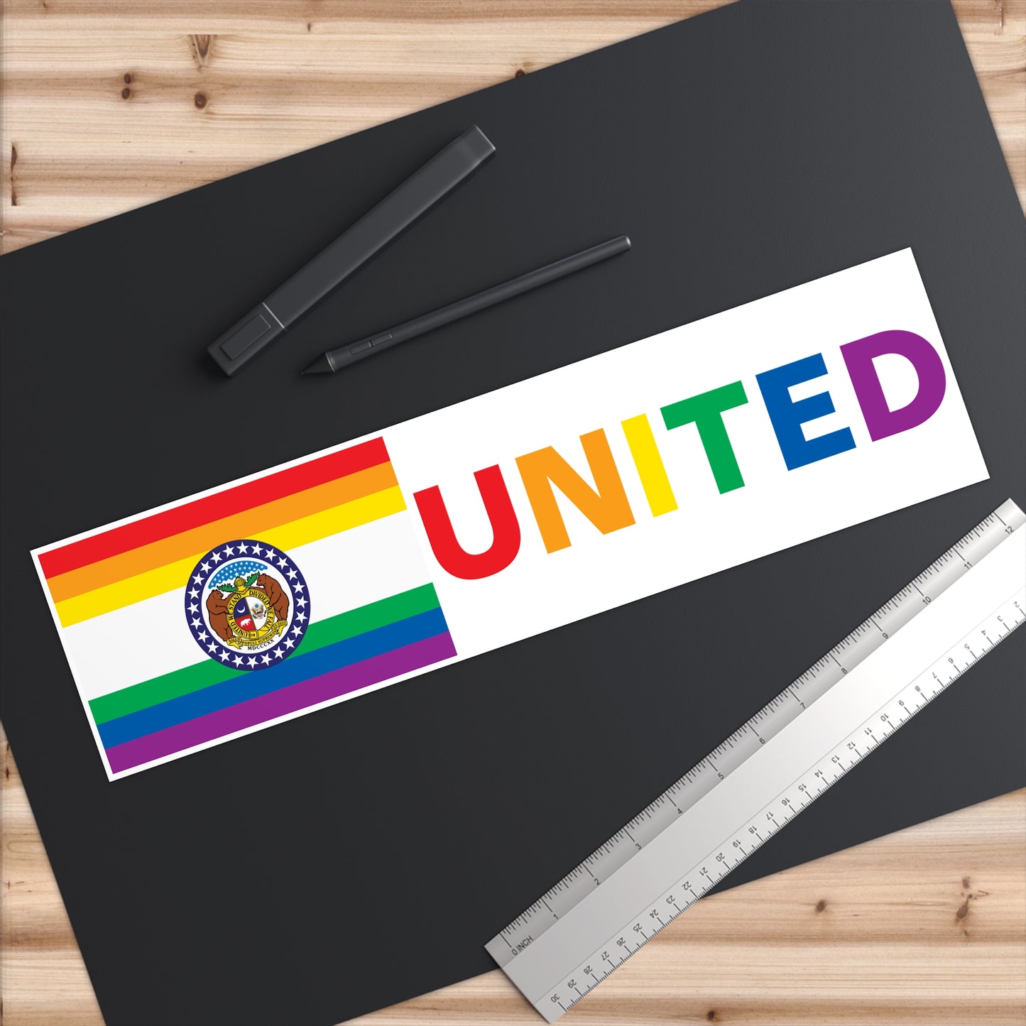 Missouri Rainbow Pride Flag "UNITED" Bumper Sticker