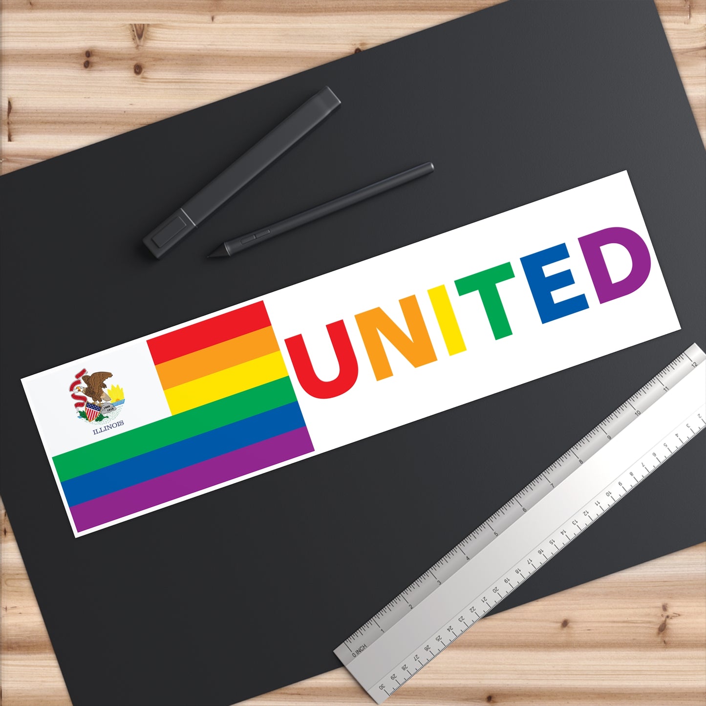 Illinois Rainbow Pride Flag "UNITED" Bumper Sticker