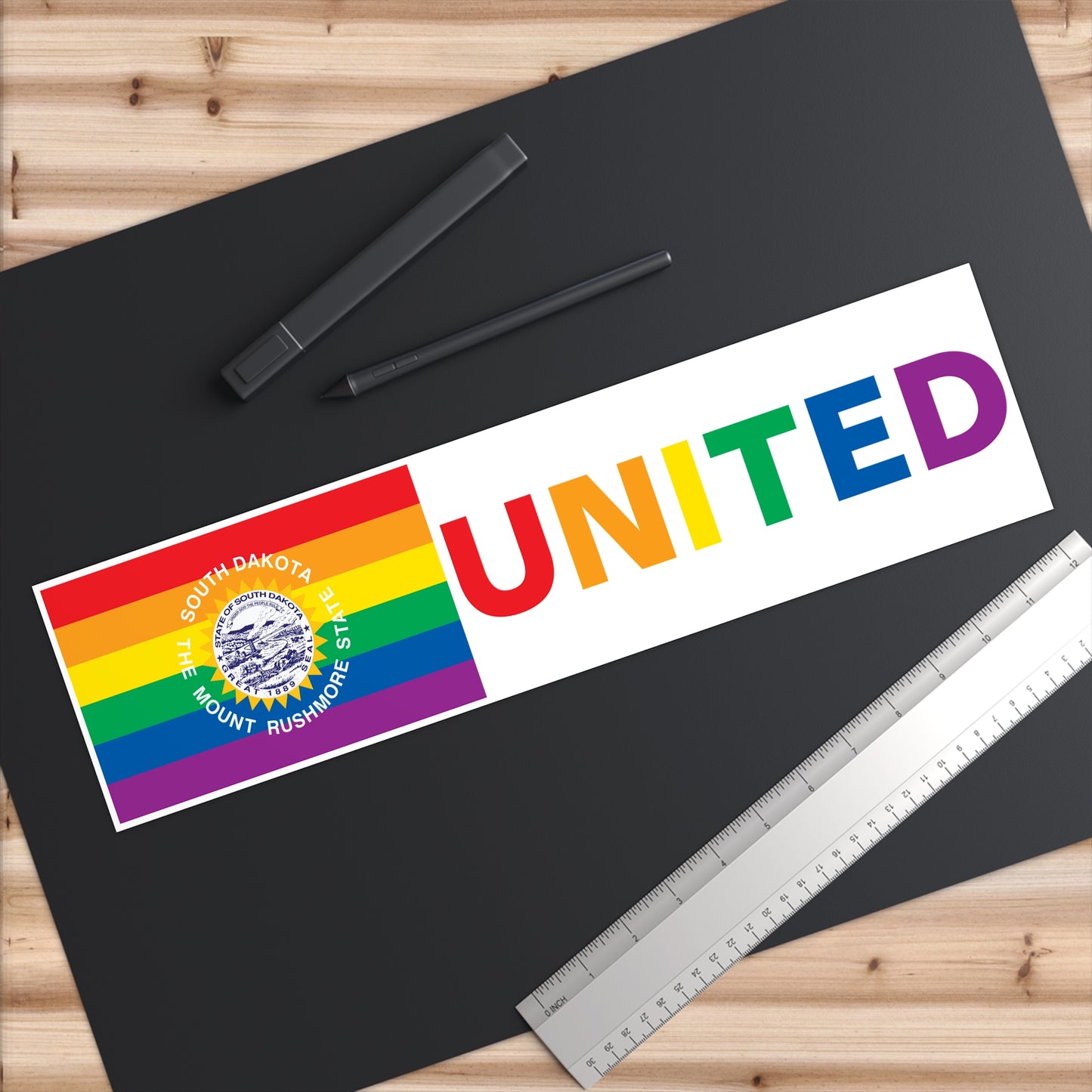 South Dakota Rainbow Pride Flag "UNITED" Bumper Sticker