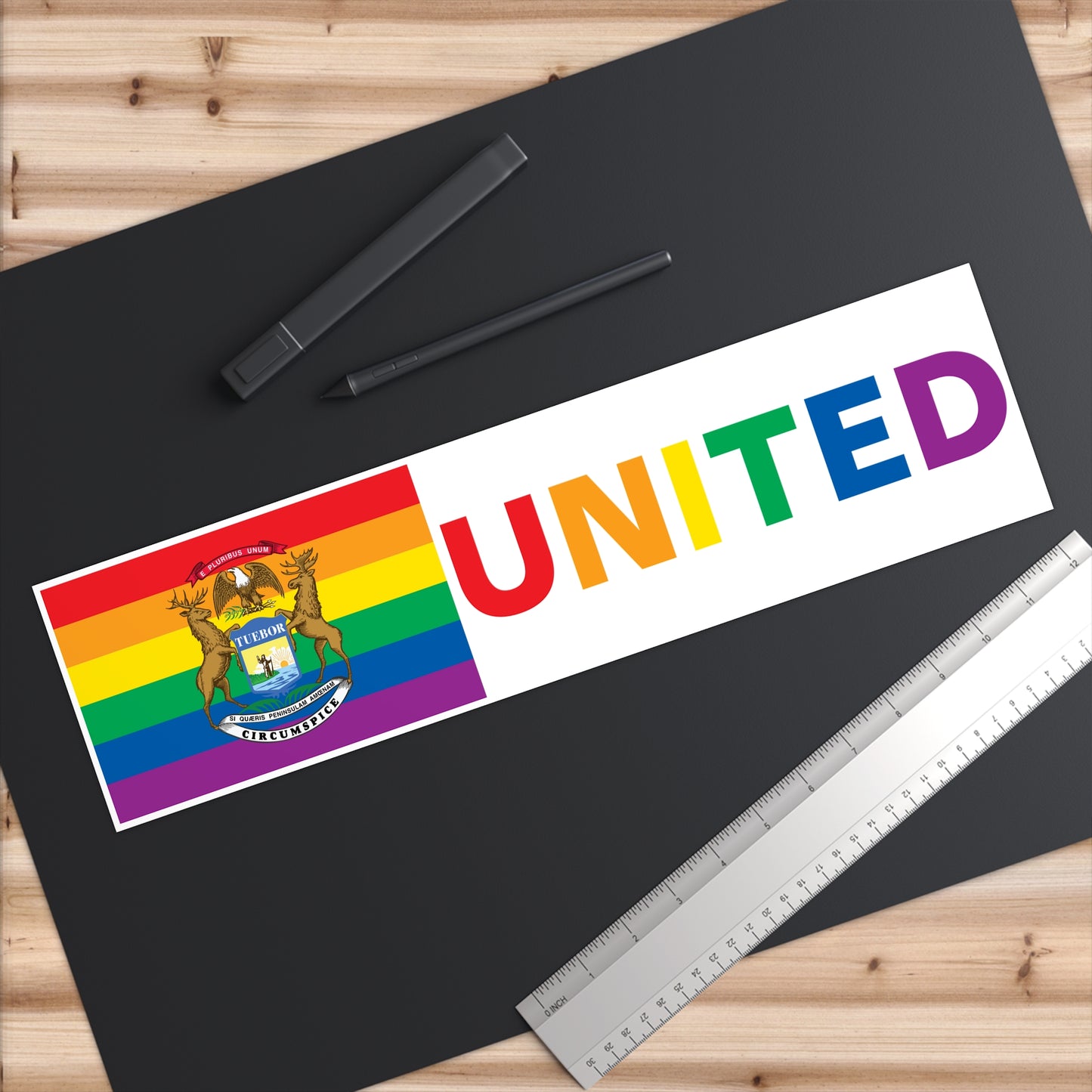 Michigan Rainbow Pride Flag "UNITED" Bumper Sticker