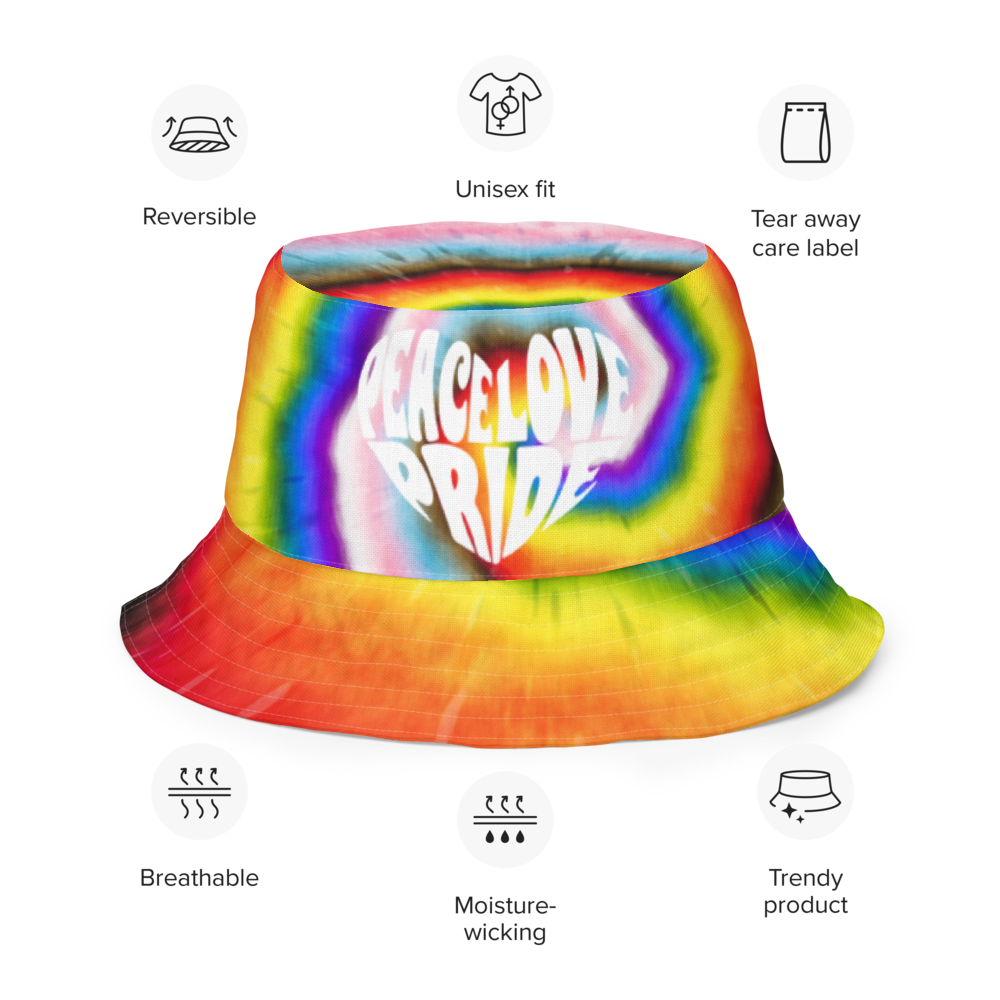 PEACE LOVE PRIDE Reversible Bucket Hat - progress pride tie-dye deco