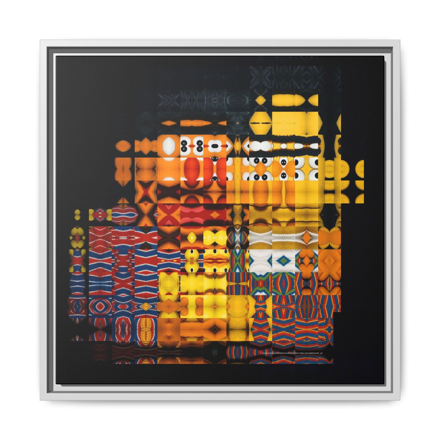 Iconic Domestic Partners in Plain Sight: Bert, Ernie, and Rubber Ducky Abstract Portrait Collage Art — Matte Canvas, Framed (Multi-color options)