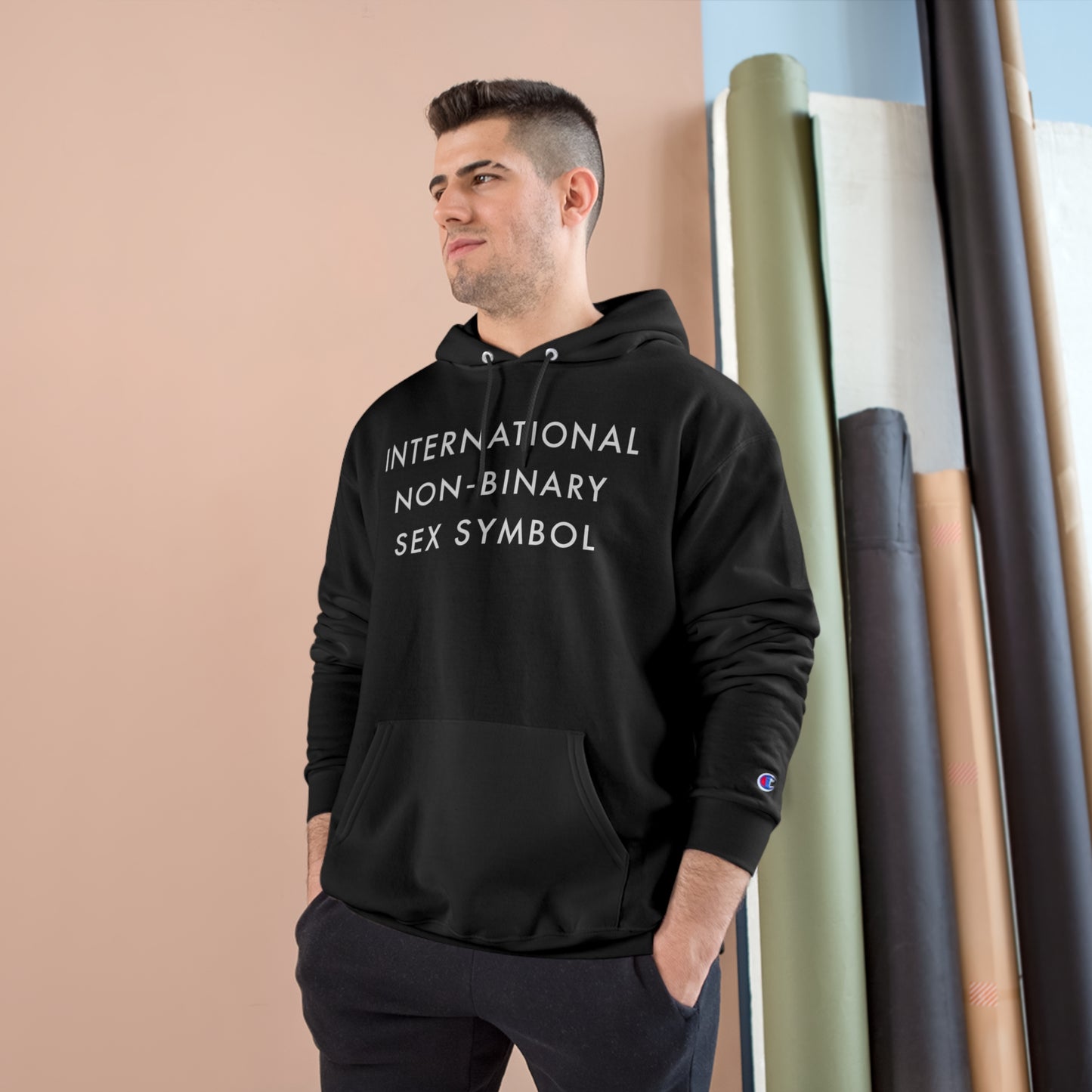 International Non-Binary Sex Symbol Champion Hoodie - Black and Charcoal Heather with White Deco