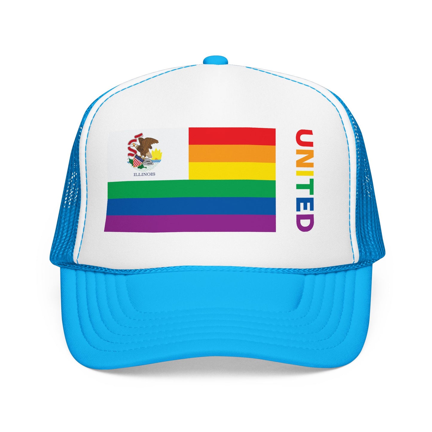 Illinois Rainbow Pride Flag "UNITED" Printed Foam Trucker Hat, Several Color Options