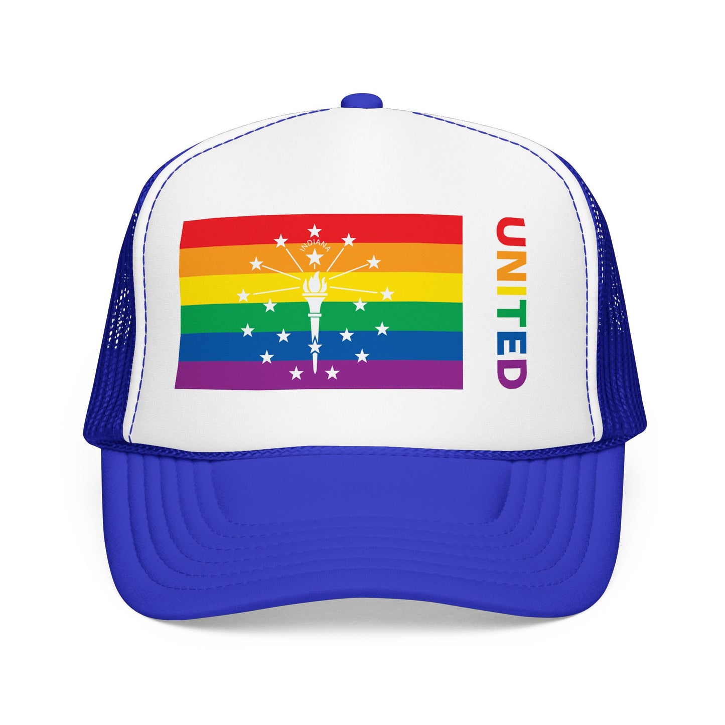 Indiana Rainbow Pride Flag "UNITED" Printed Foam Trucker Hat, Several Color Options