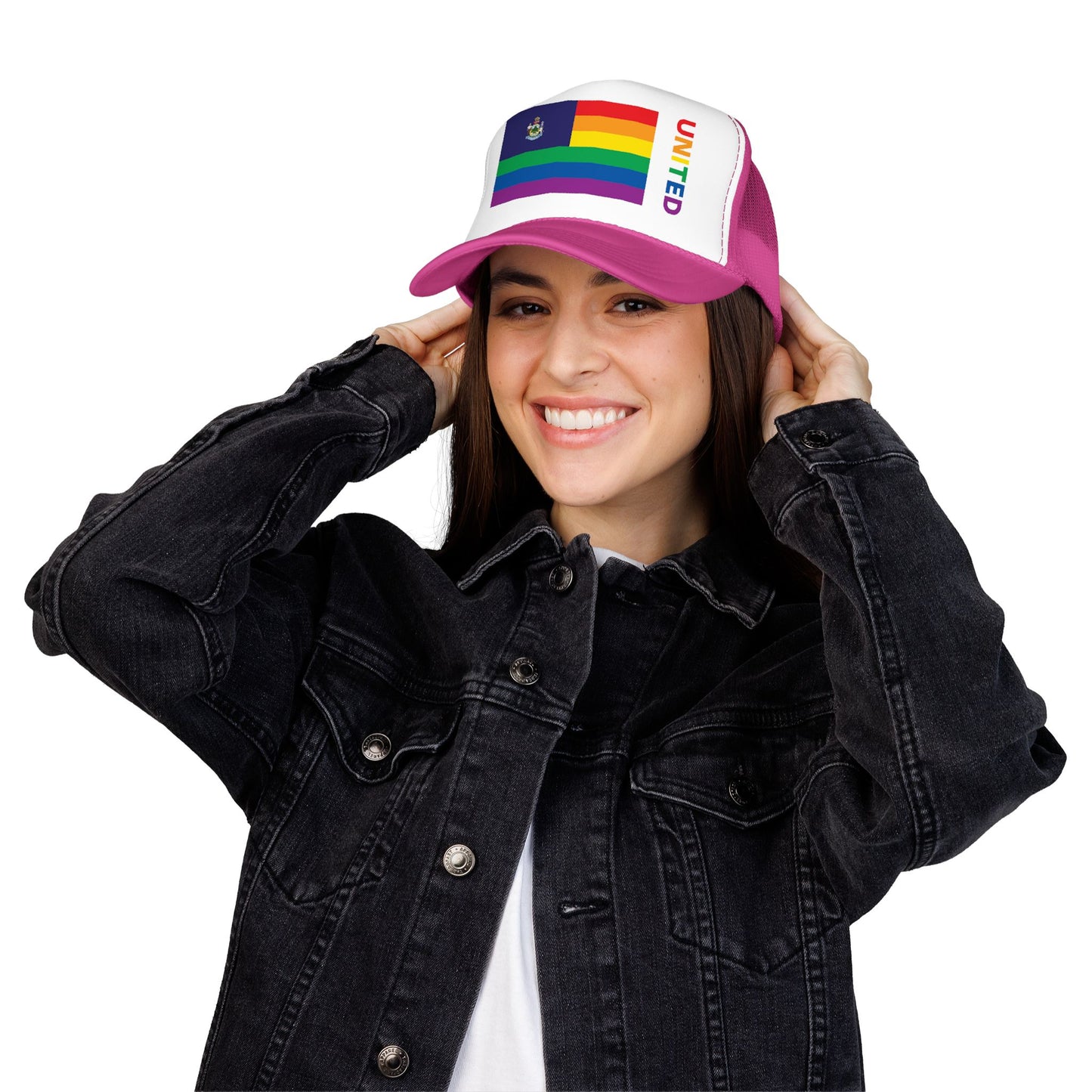 Maine Rainbow Pride Flag "UNITED" Printed Foam Trucker Hat, Several Color Options