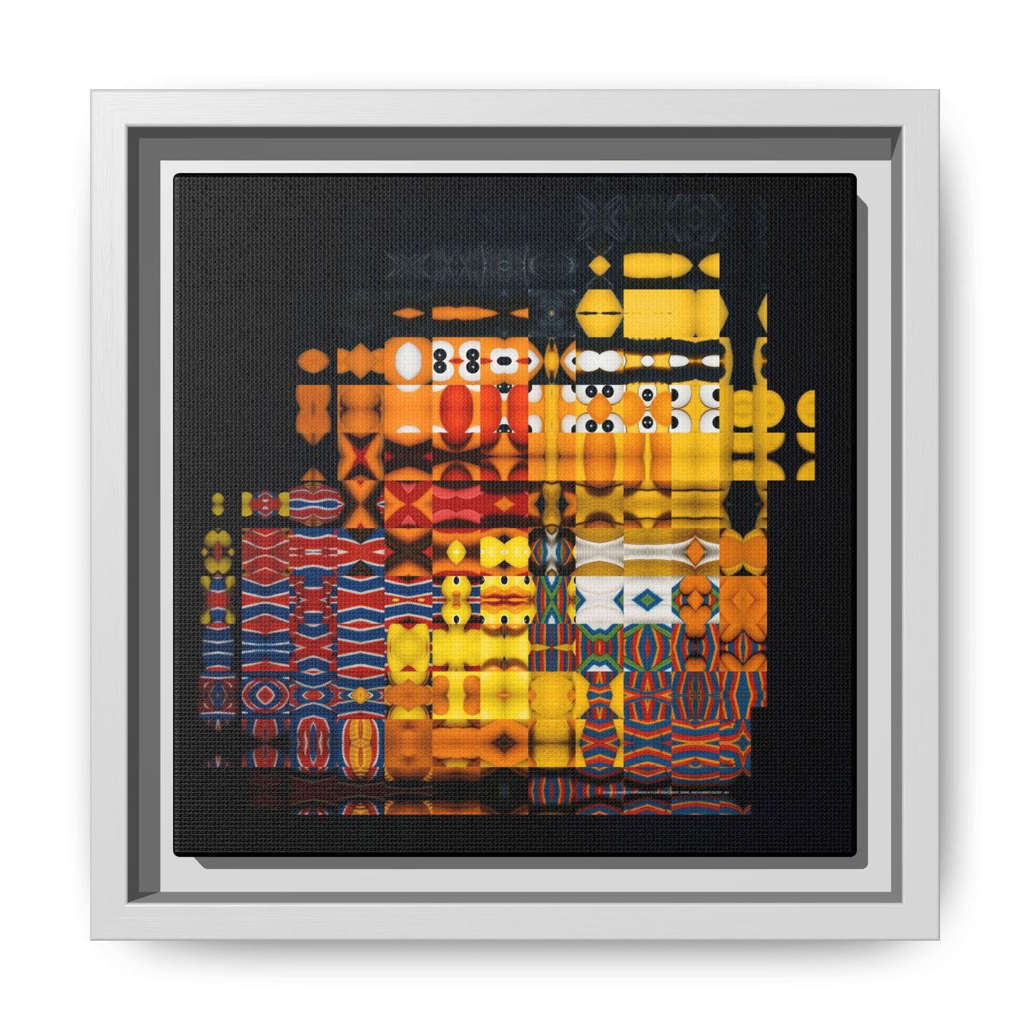 Iconic Domestic Partners in Plain Sight: Bert, Ernie, and Rubber Ducky Abstract Portrait Collage Art — Matte Canvas, Framed (Multi-color options)