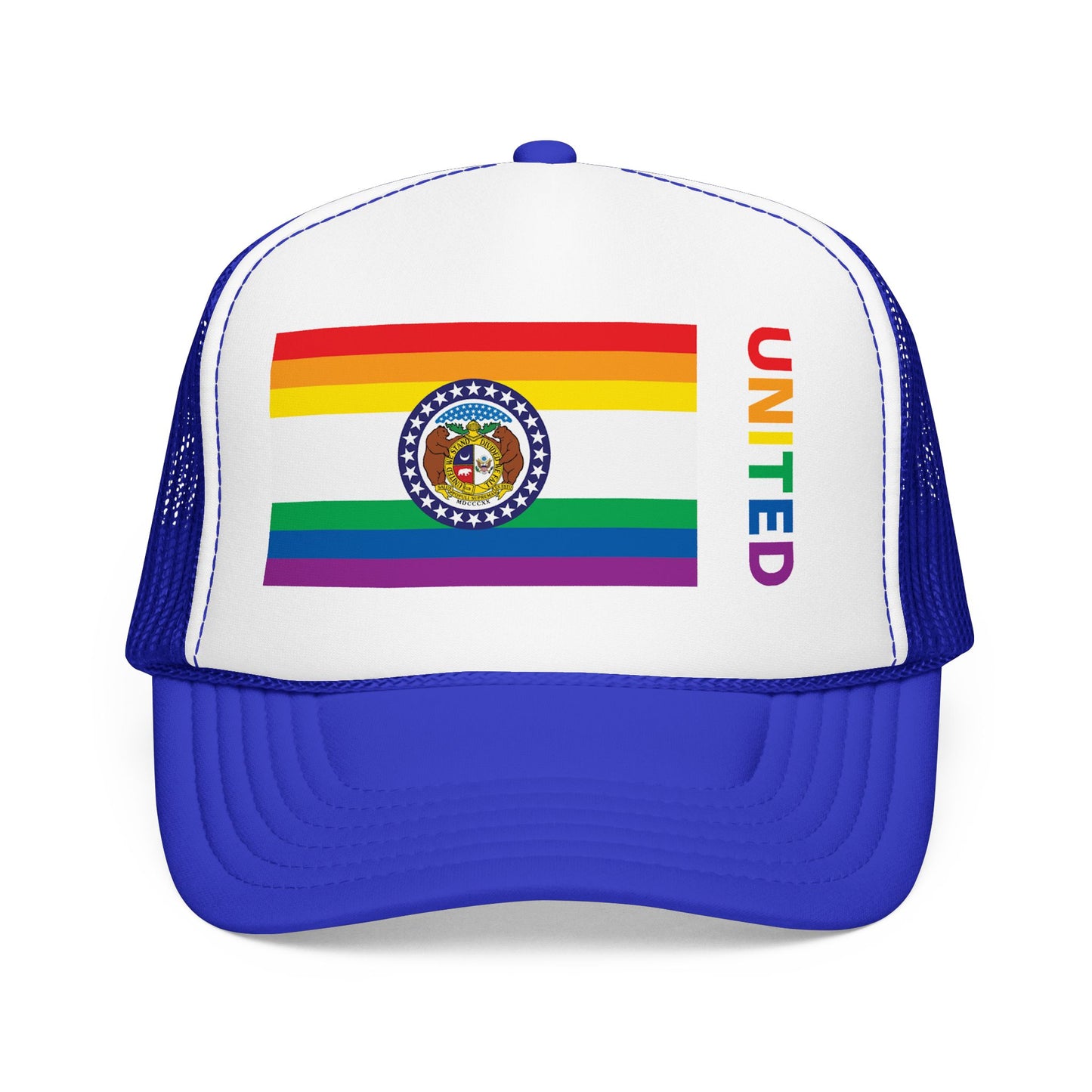 Missouri Rainbow Pride Flag "UNITED" Printed Foam Trucker Hat, Several Color Options