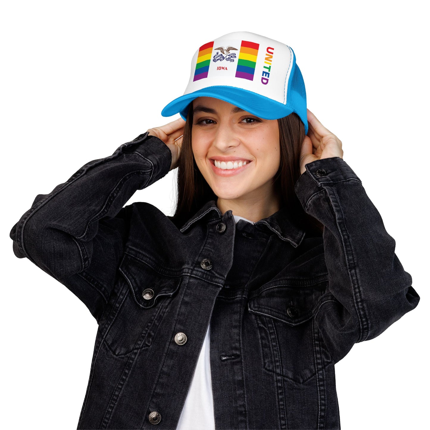 Iowa Rainbow Pride Flag "UNITED" Printed Foam Trucker Hat, Several Color Options