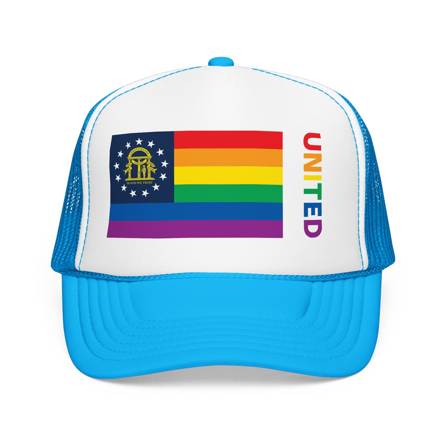 Georgia Rainbow Pride Flag "UNITED" Printed Foam Trucker Hat, Several Color Options