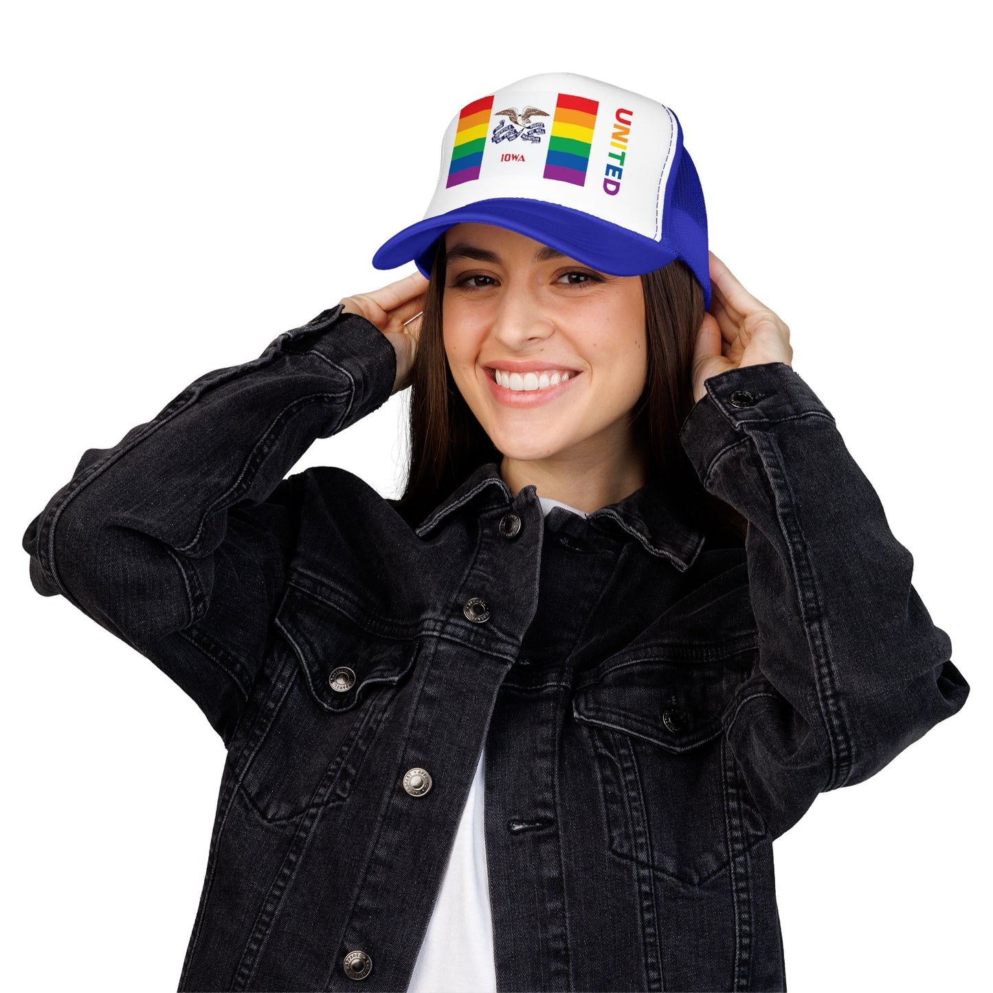 Iowa Rainbow Pride Flag "UNITED" Printed Foam Trucker Hat, Several Color Options