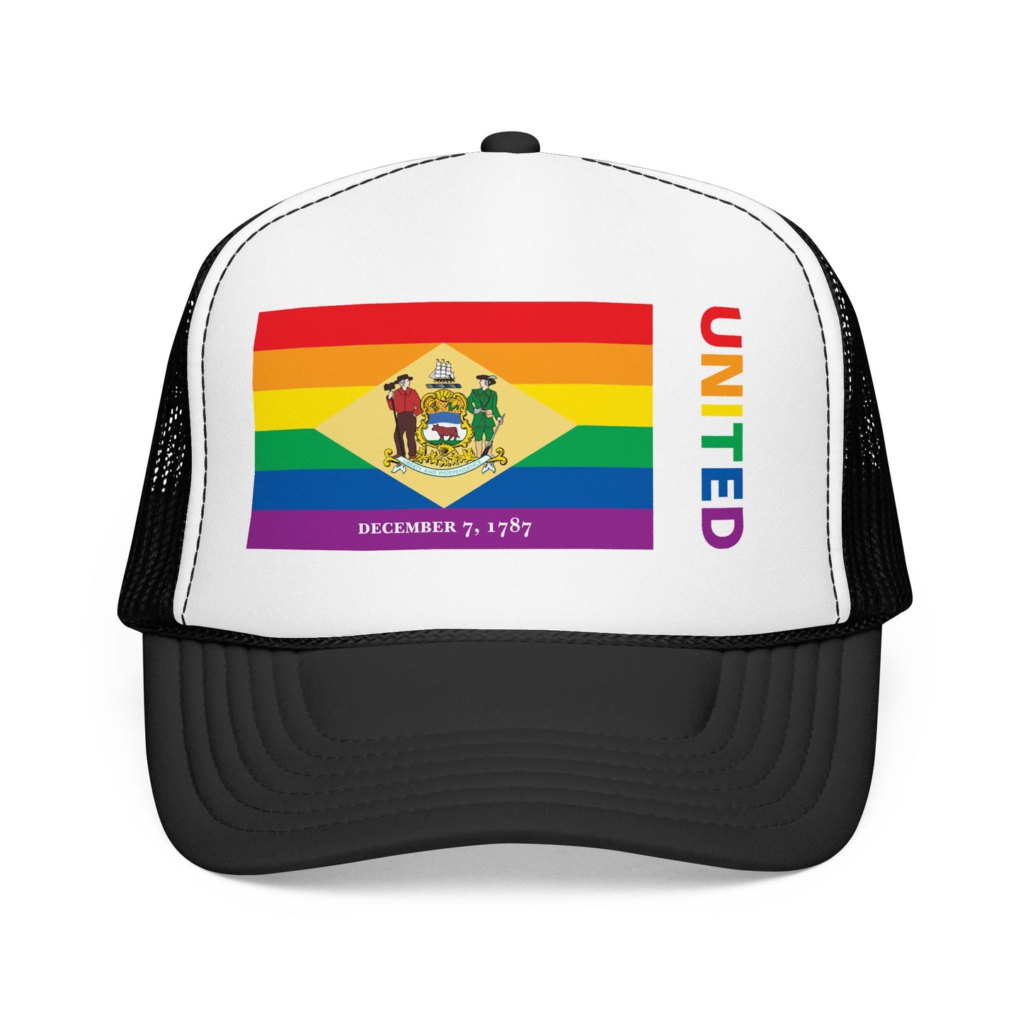 Delaware Rainbow Pride Flag "UNITED" Printed Foam Trucker Hat, Several Color Options