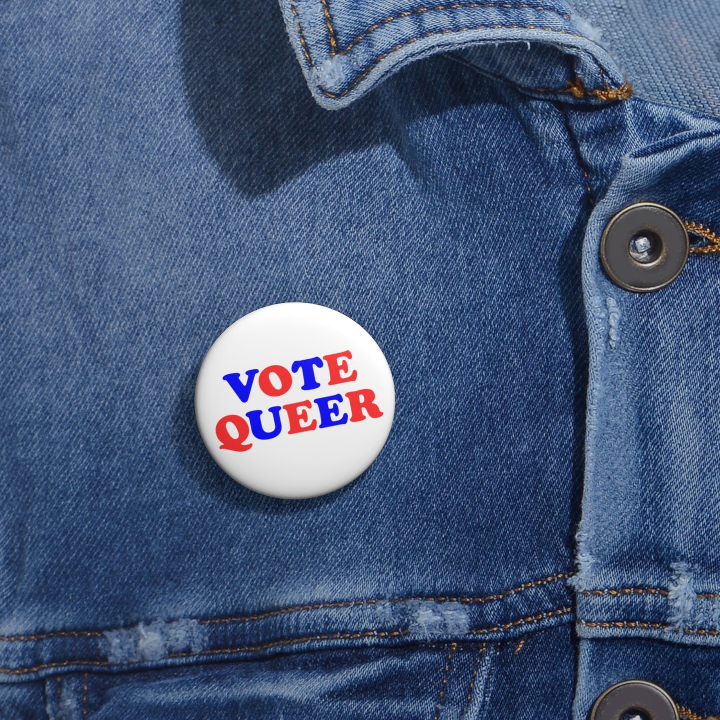 VOTE QUEER Activism Pin Button, Red White and Blue
