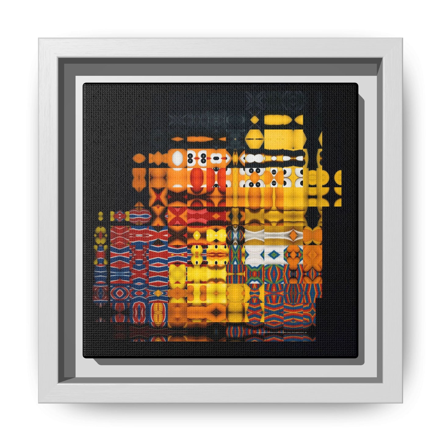 Iconic Domestic Partners in Plain Sight: Bert, Ernie, and Rubber Ducky Abstract Portrait Collage Art — Matte Canvas, Framed (Multi-color options)