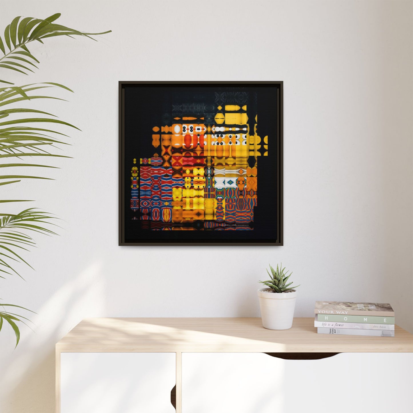 Iconic Domestic Partners in Plain Sight: Bert, Ernie, and Rubber Ducky Abstract Portrait Collage Art — Matte Canvas, Framed (Multi-color options)