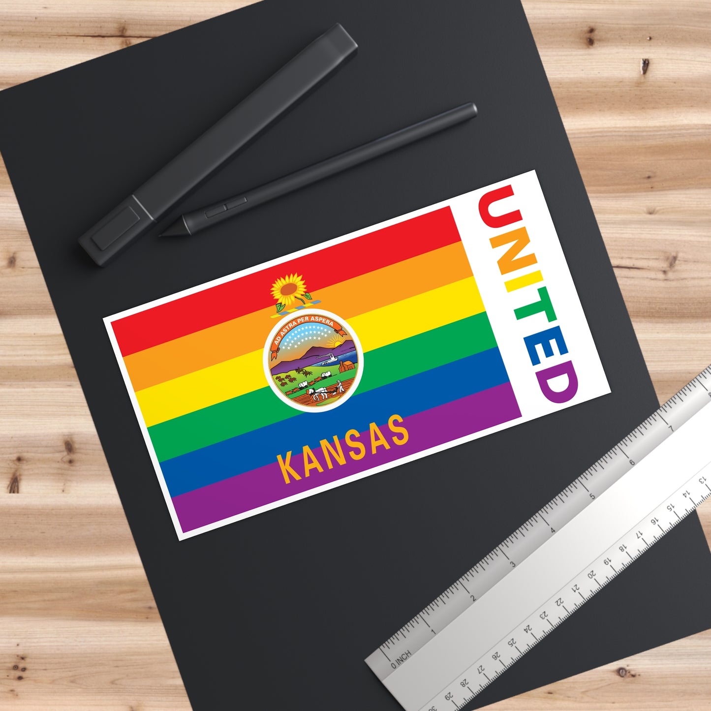 Kansas Rainbow Pride Flag "UNITED" Bumper Sticker