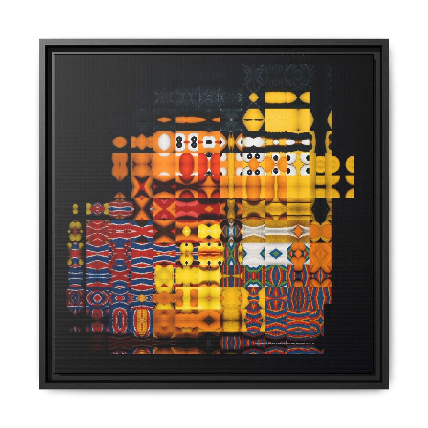 Iconic Domestic Partners in Plain Sight: Bert, Ernie, and Rubber Ducky Abstract Portrait Collage Art — Matte Canvas, Framed (Multi-color options)