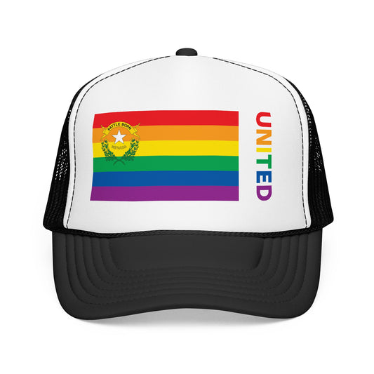 Nevada Rainbow Pride Flag "UNITED" Printed Foam Trucker Hat, Several Color Options