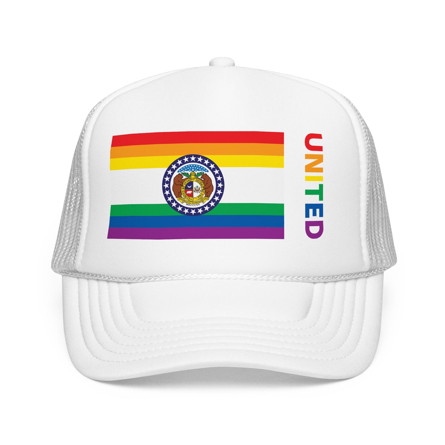 Missouri Rainbow Pride Flag "UNITED" Printed Foam Trucker Hat, Several Color Options