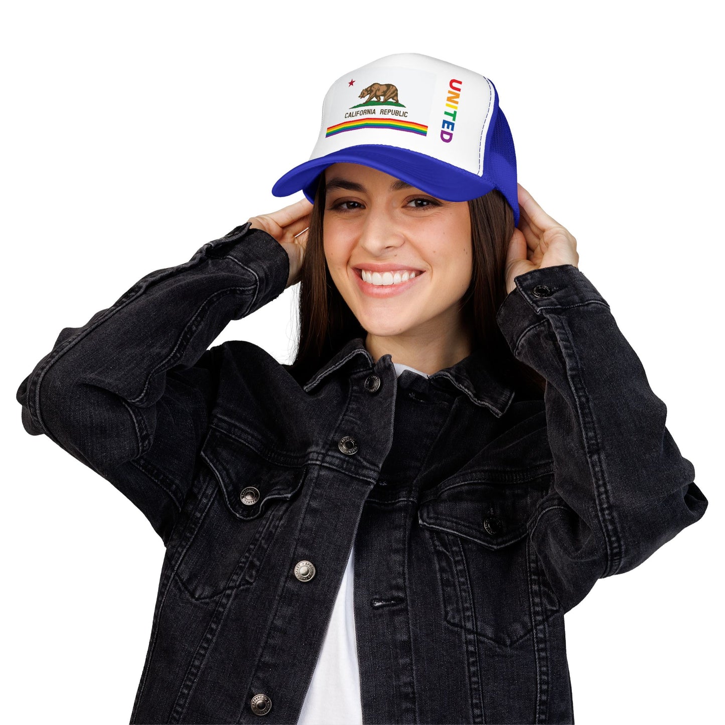 California Rainbow Pride Flag "UNITED" Printed Foam Trucker Hat, Several Color Options