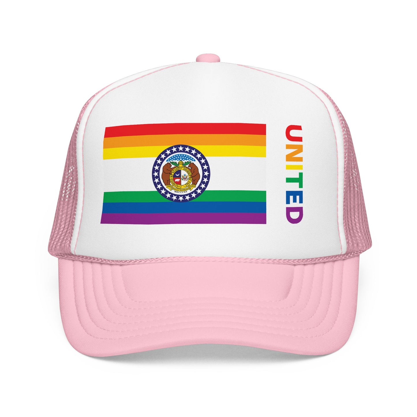 Missouri Rainbow Pride Flag "UNITED" Printed Foam Trucker Hat, Several Color Options