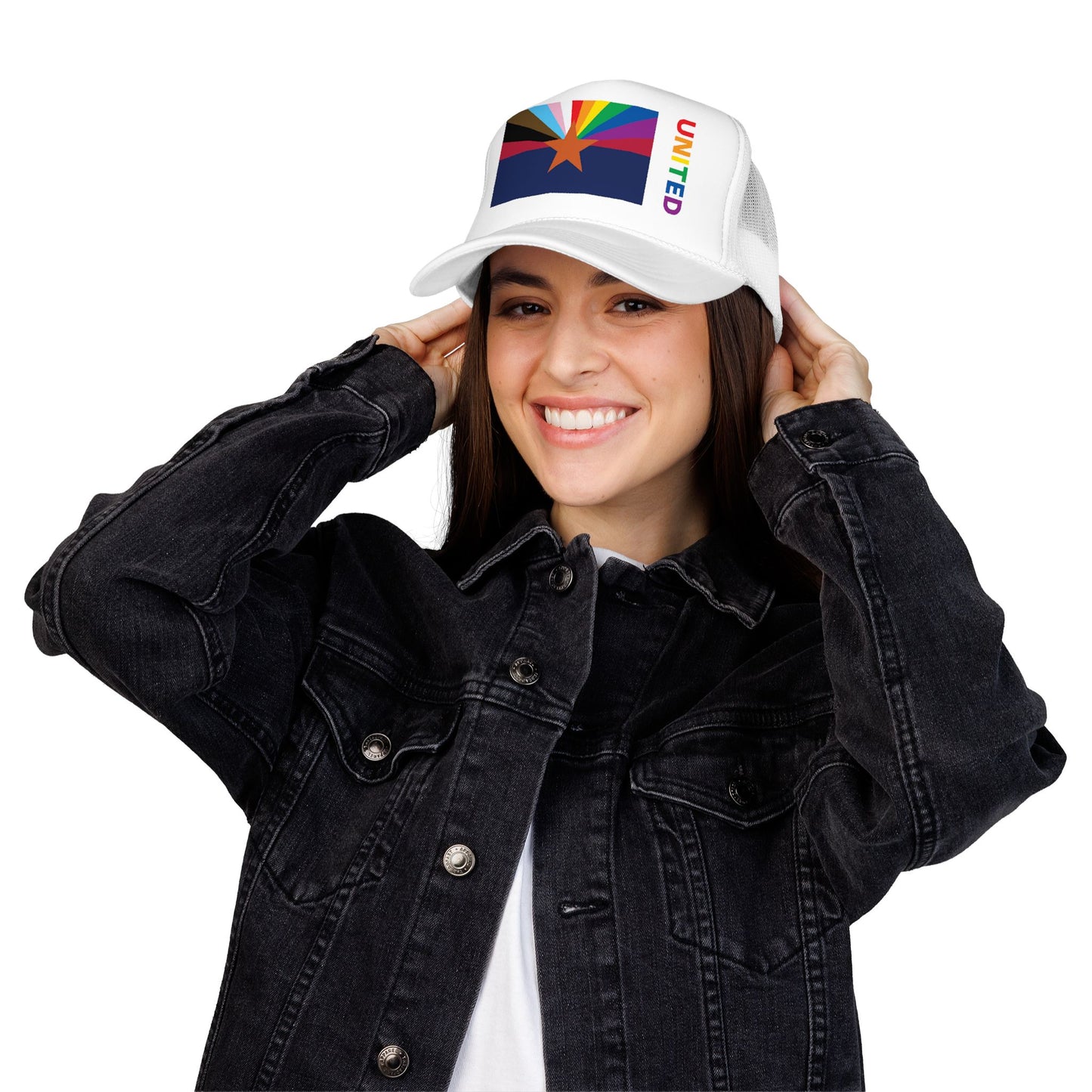 Arizona Rainbow Pride Flag "UNITED" Printed Foam Trucker Hat, Several Color Options