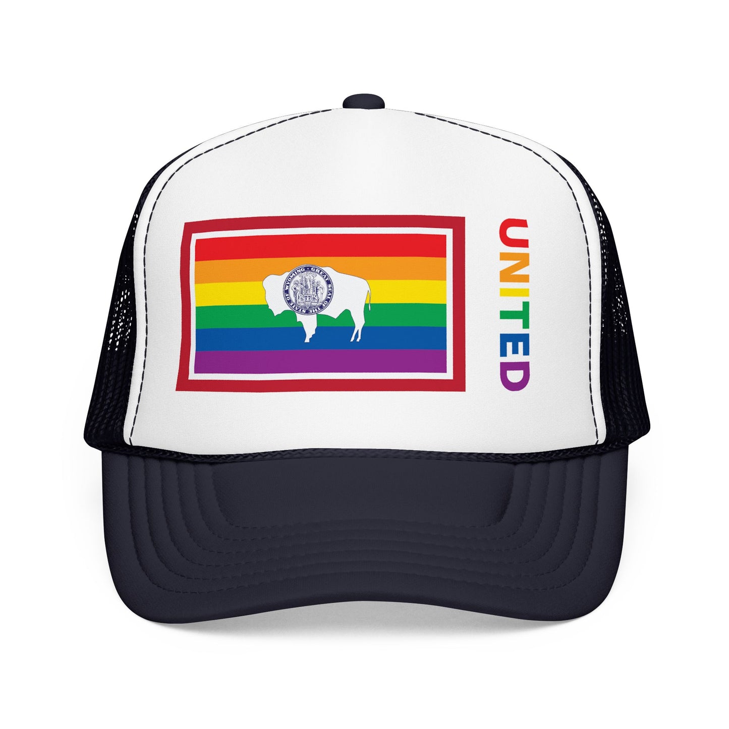 Wyoming Rainbow Pride Flag "UNITED" Printed Foam Trucker Hat, Several Color Options