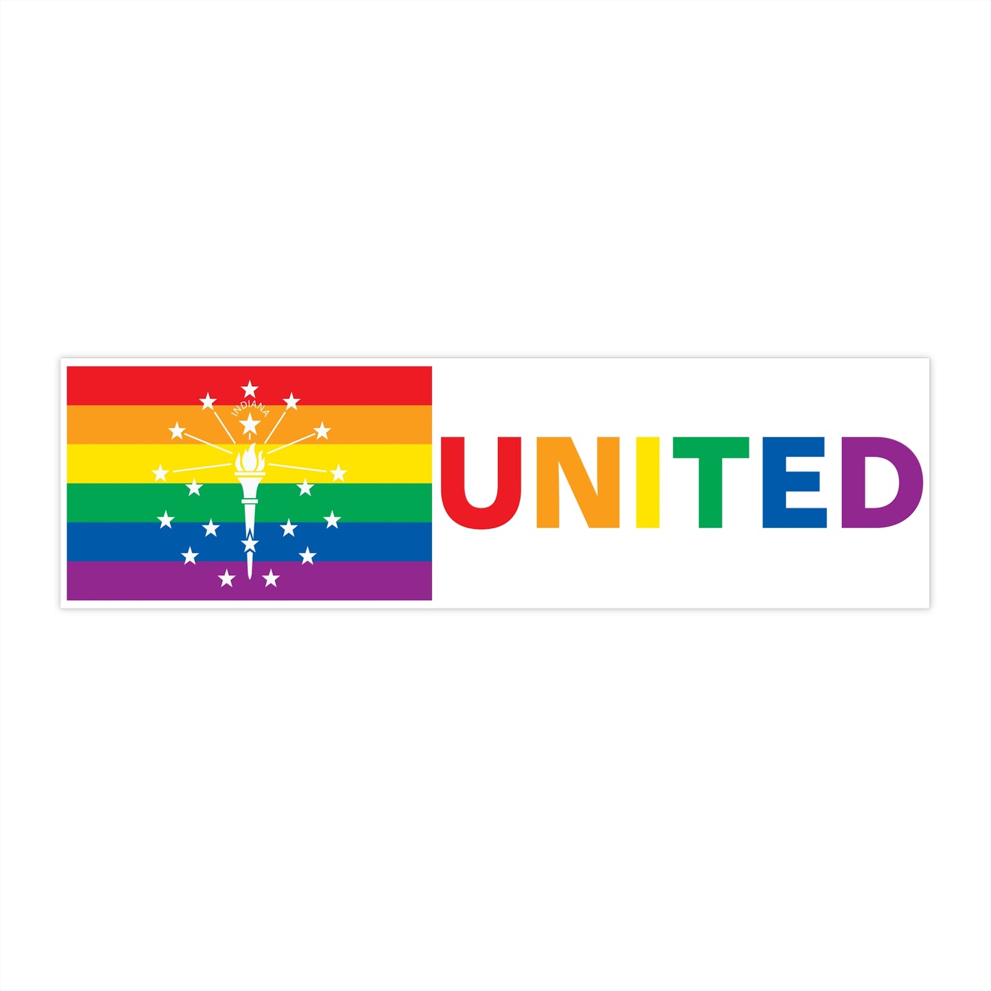 Indiana Rainbow Pride Flag "UNITED" Bumper Sticker