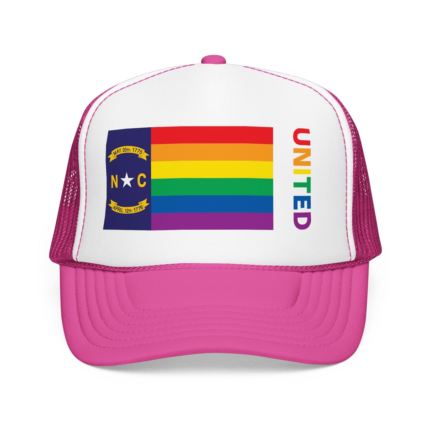 North Carolina Rainbow Pride Flag "UNITED" Printed Foam Trucker Hat, Several Color Options