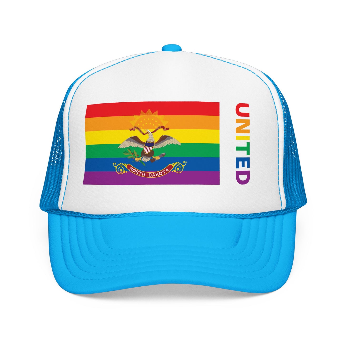 North Dakota Rainbow Pride Flag "UNITED" Printed Foam Trucker Hat, Several Color Options