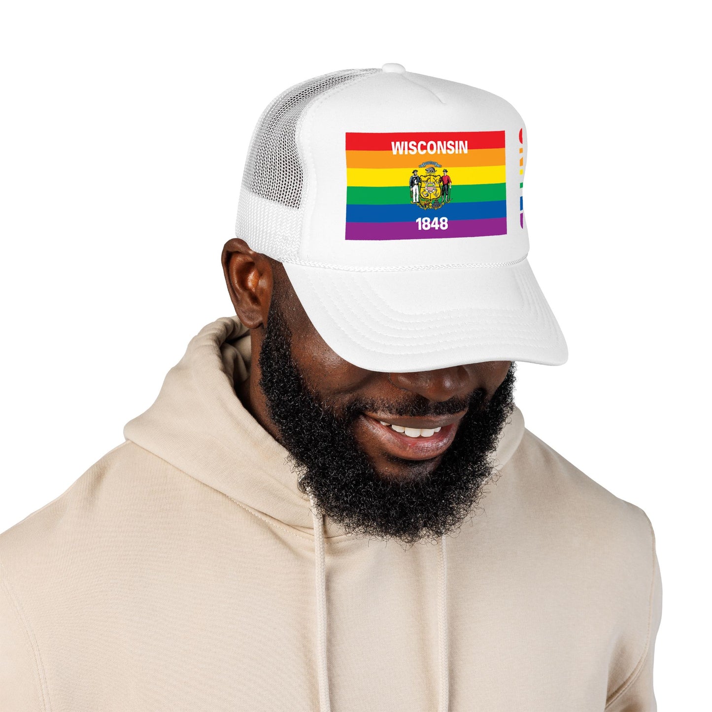 Wisconsin Rainbow Pride Flag "UNITED" Printed Foam Trucker Hat, Several Color Options