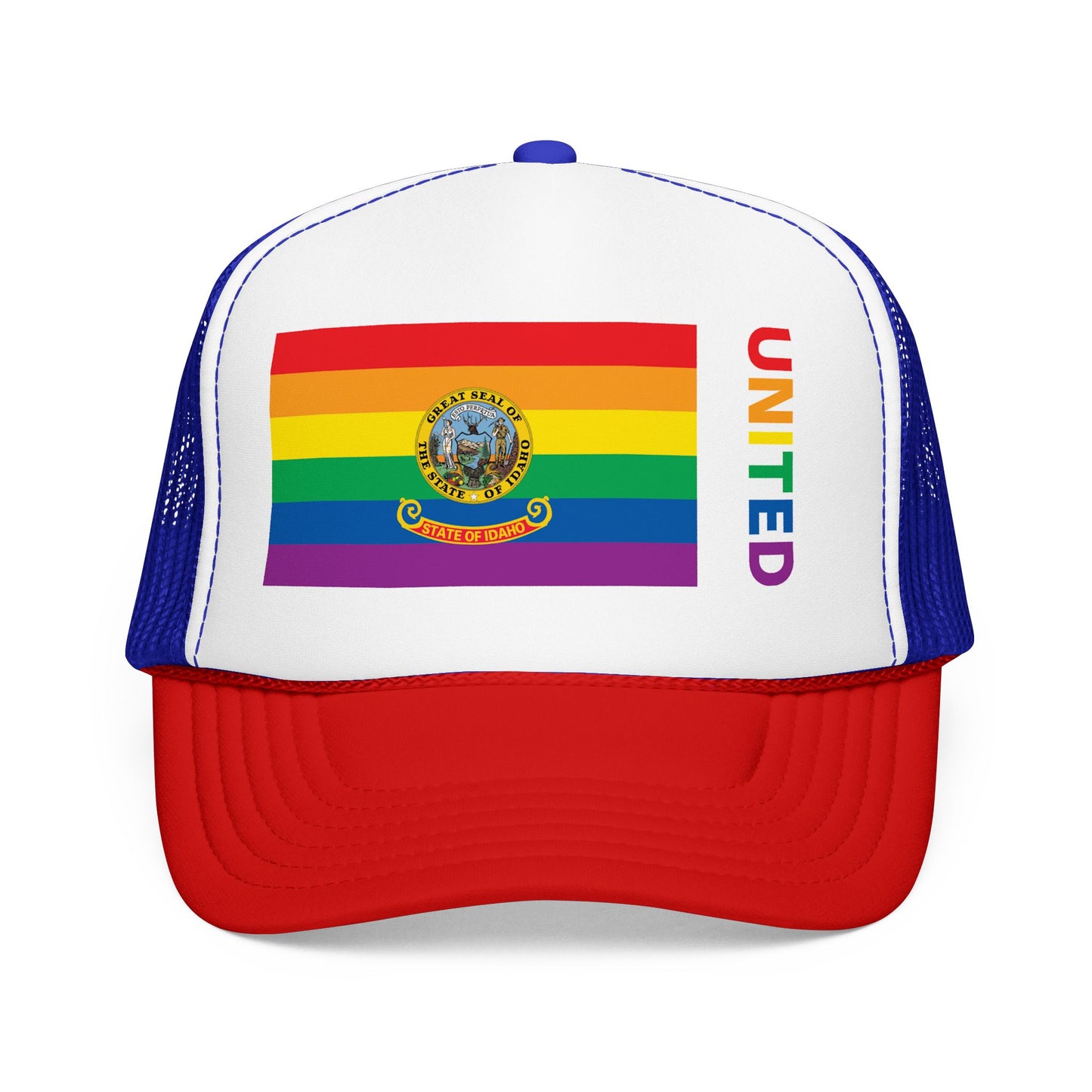 Idaho Rainbow Pride Flag "UNITED" Printed Foam Trucker Hat, Several Color Options