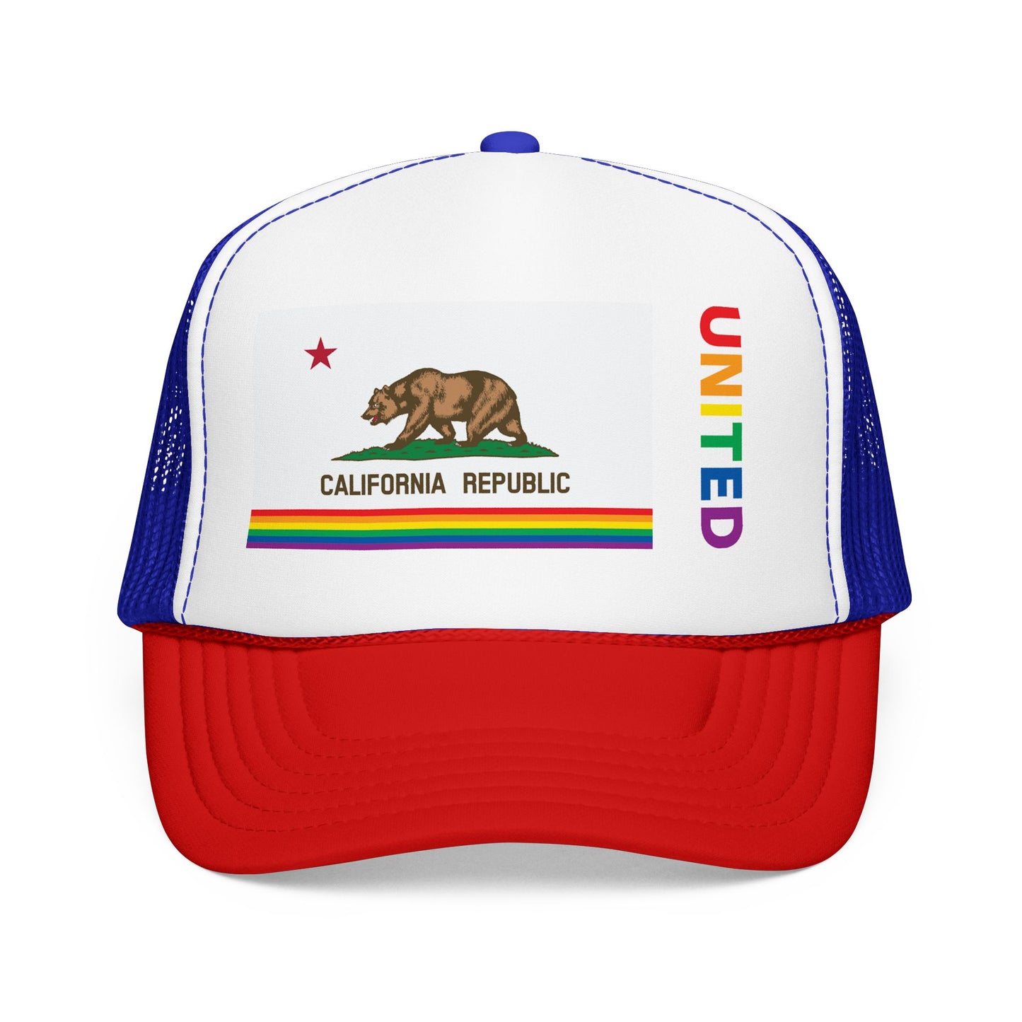 California Rainbow Pride Flag "UNITED" Printed Foam Trucker Hat, Several Color Options