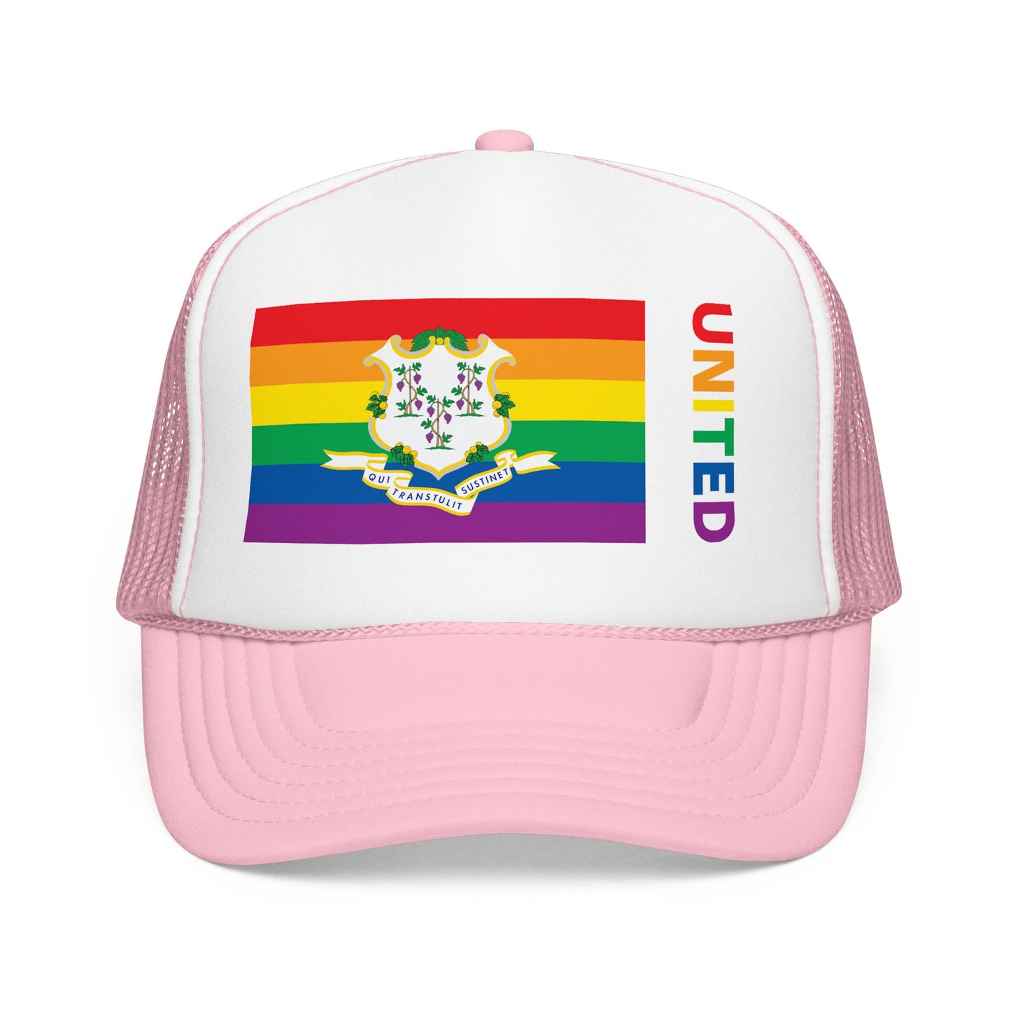 Connecticut Rainbow Pride Flag "UNITED" Printed Foam Trucker Hat, Several Color Options