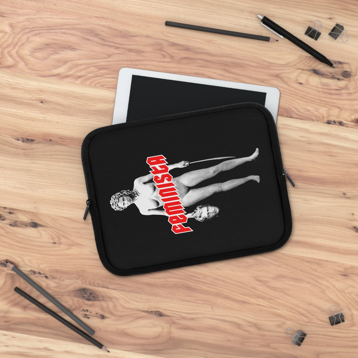 FEMINISTA Medusa Laptop Sleeve - Bold Black, White and Red Deco on Black