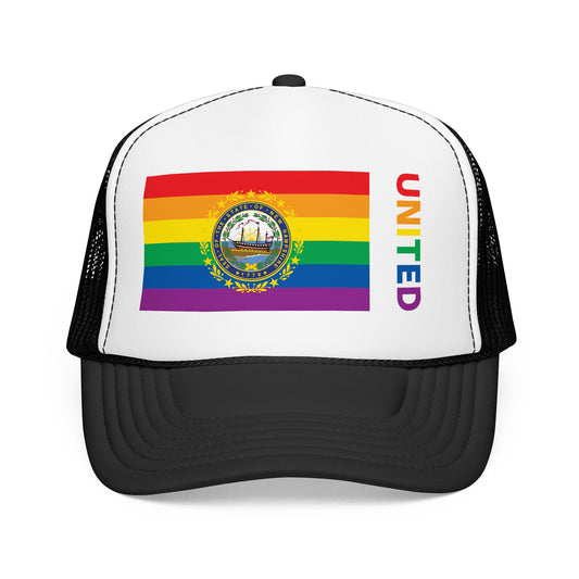 New Hampshire Rainbow Pride Flag "UNITED" Printed Foam Trucker Hat, Several Color Options