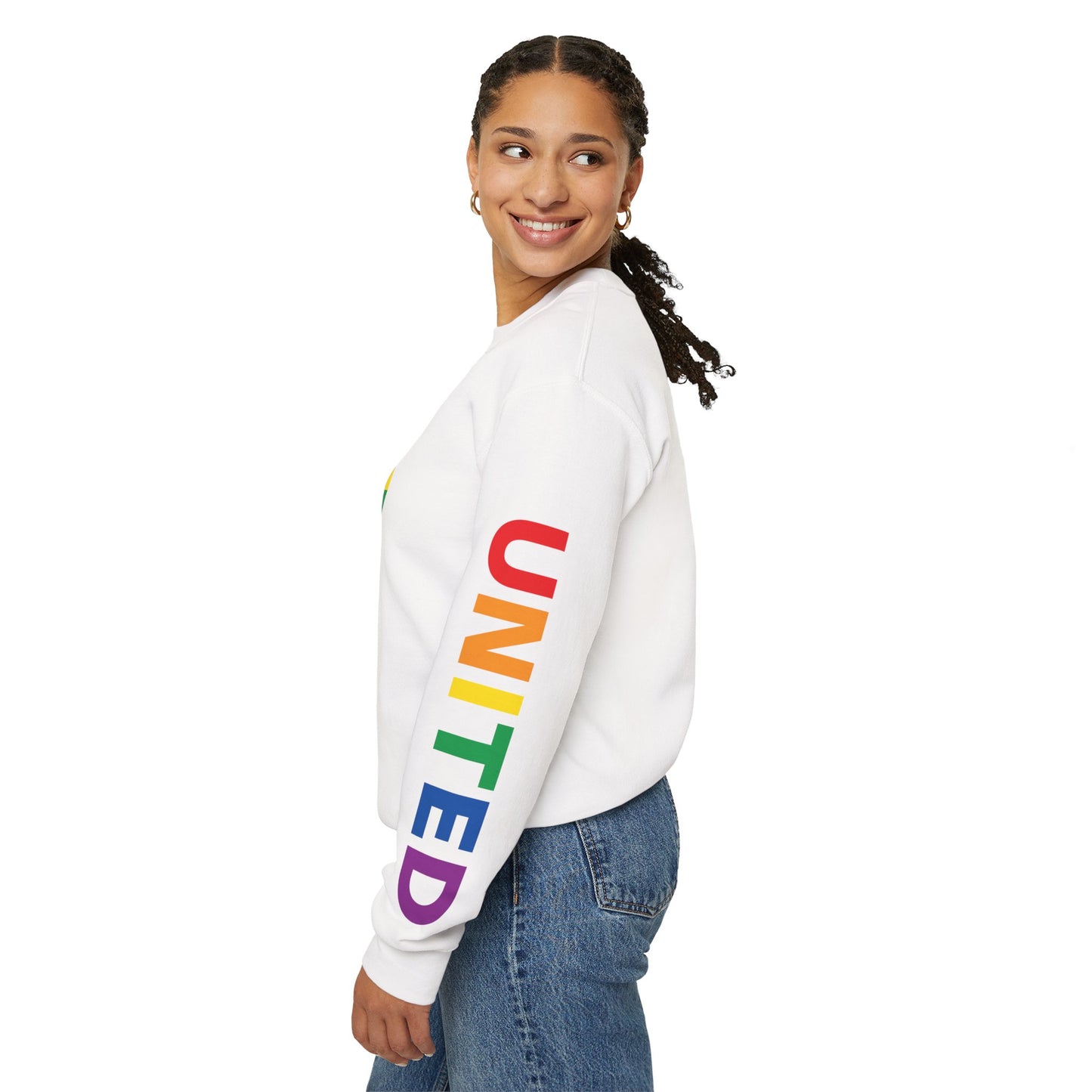 Alabama Rainbow Pride Flag, "UNITED" Rainbow Printed Sleeve Design, Unisex Crewneck Sweatshirt