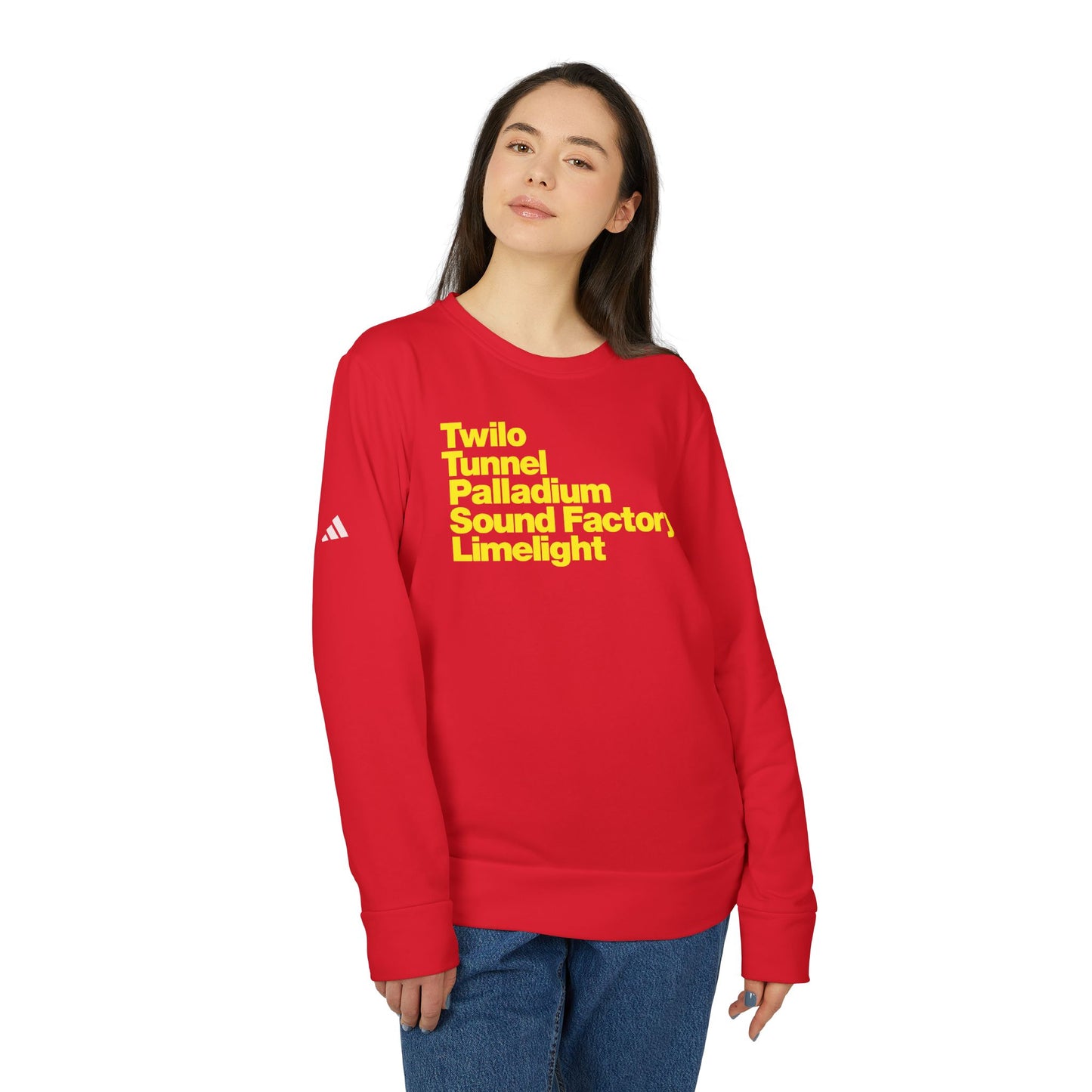 Twilo Tunnel Limelight Palladium Sound Factory Adidas Fleece Crewneck Sweatshirt - NYC 90s Nightlife Collection - Yellow Deco on Red