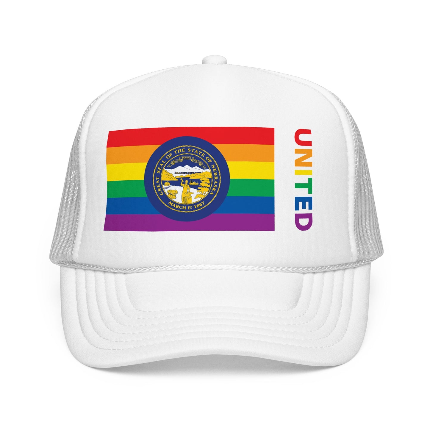 Nebraska Rainbow Pride Flag "UNITED" Printed Foam Trucker Hat, Several Color Options