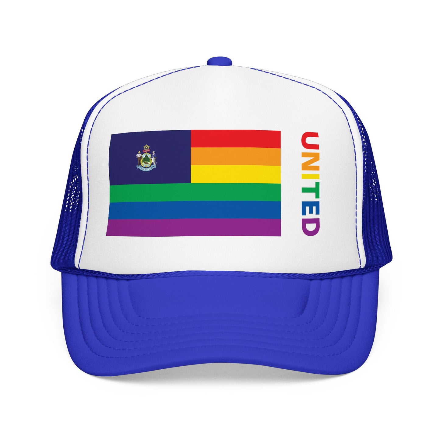 Maine Rainbow Pride Flag "UNITED" Printed Foam Trucker Hat, Several Color Options